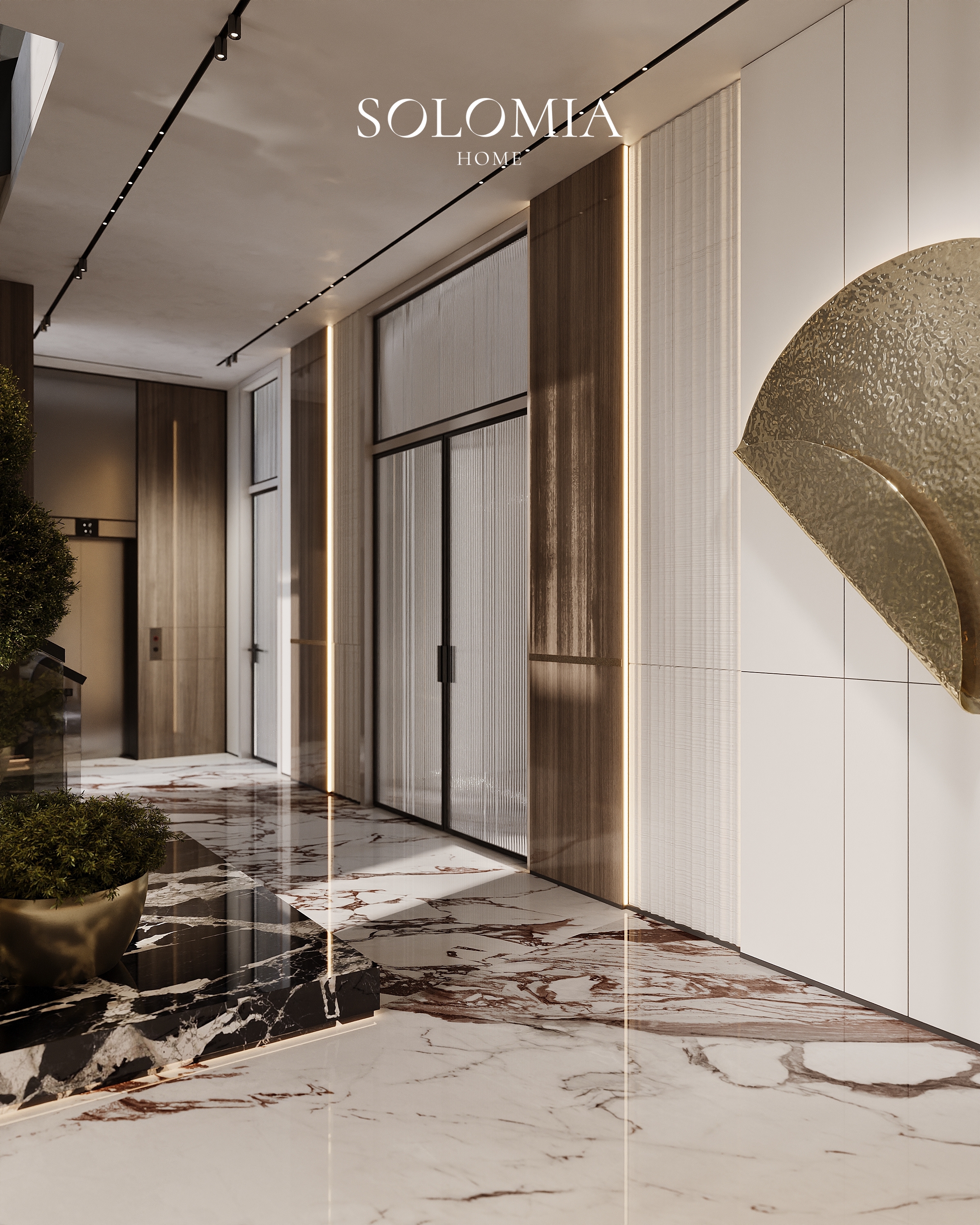 Hall with gold disc artwork, Villa Almaty. Kazakhstan — luxury interior design Almaty