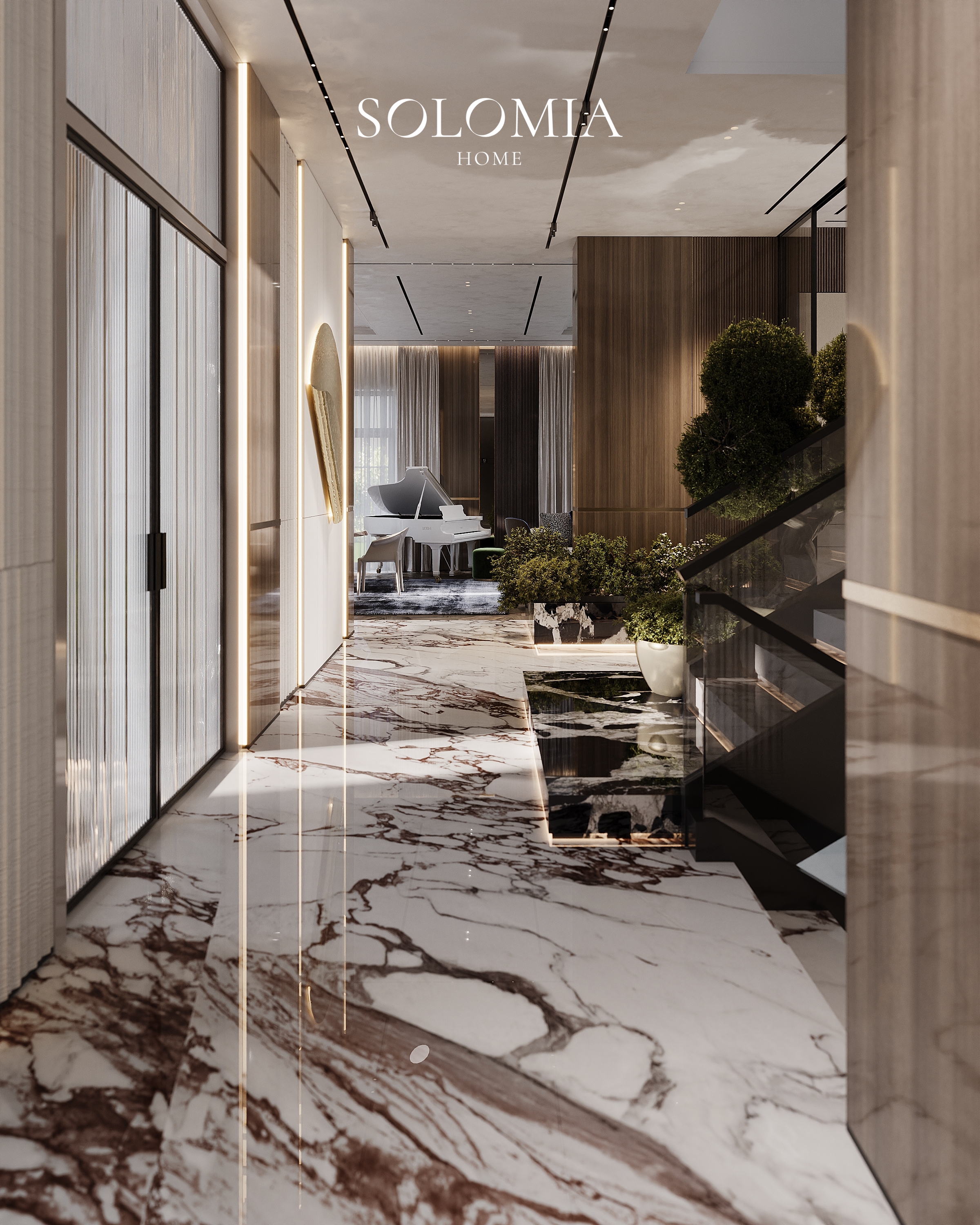 Hall with staircase and piano, Villa Almaty. Kazakhstan — luxury interior design Almaty