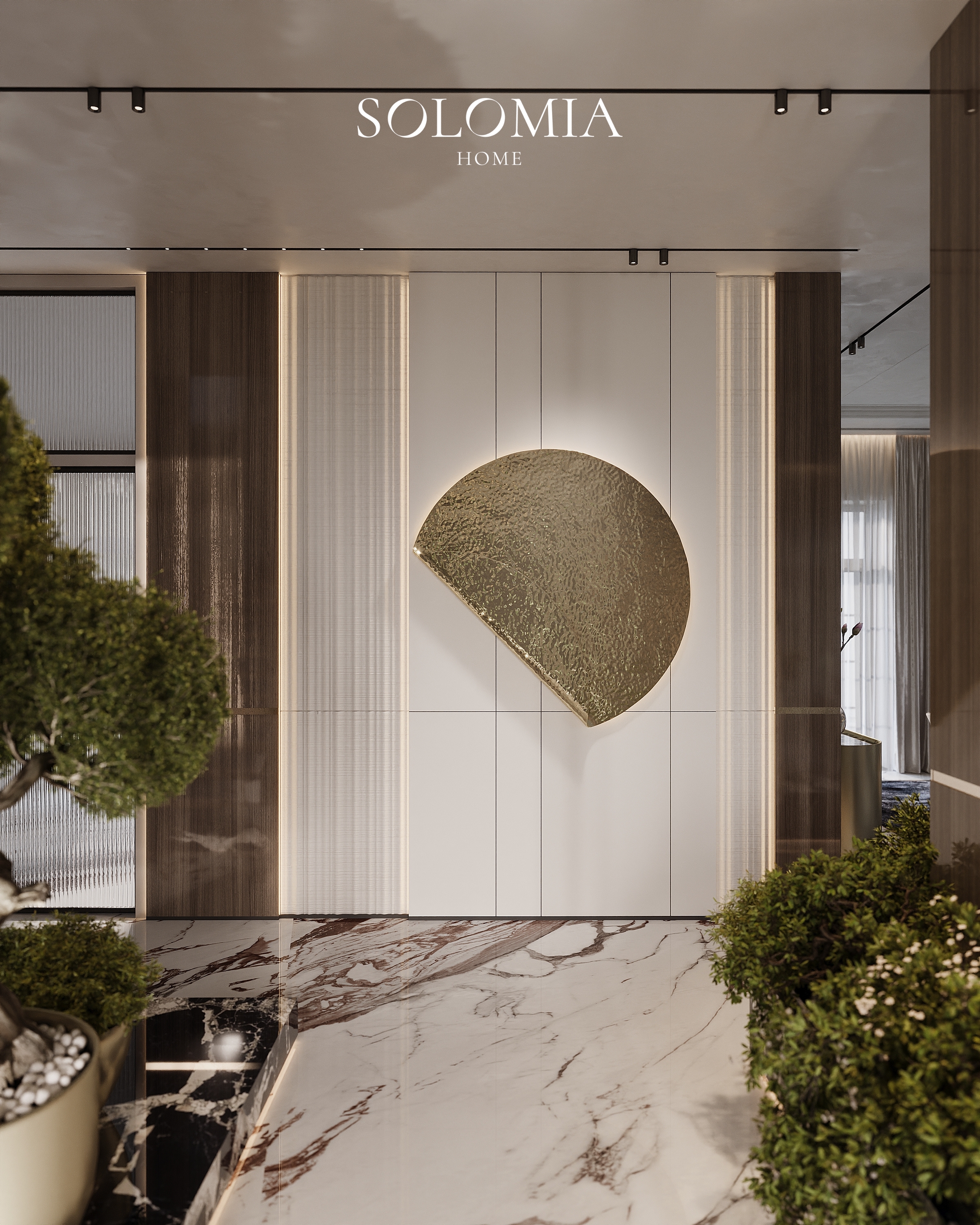 Hall with gold disc artwork and plants, Villa Almaty. Kazakhstan — luxury interior design Almaty