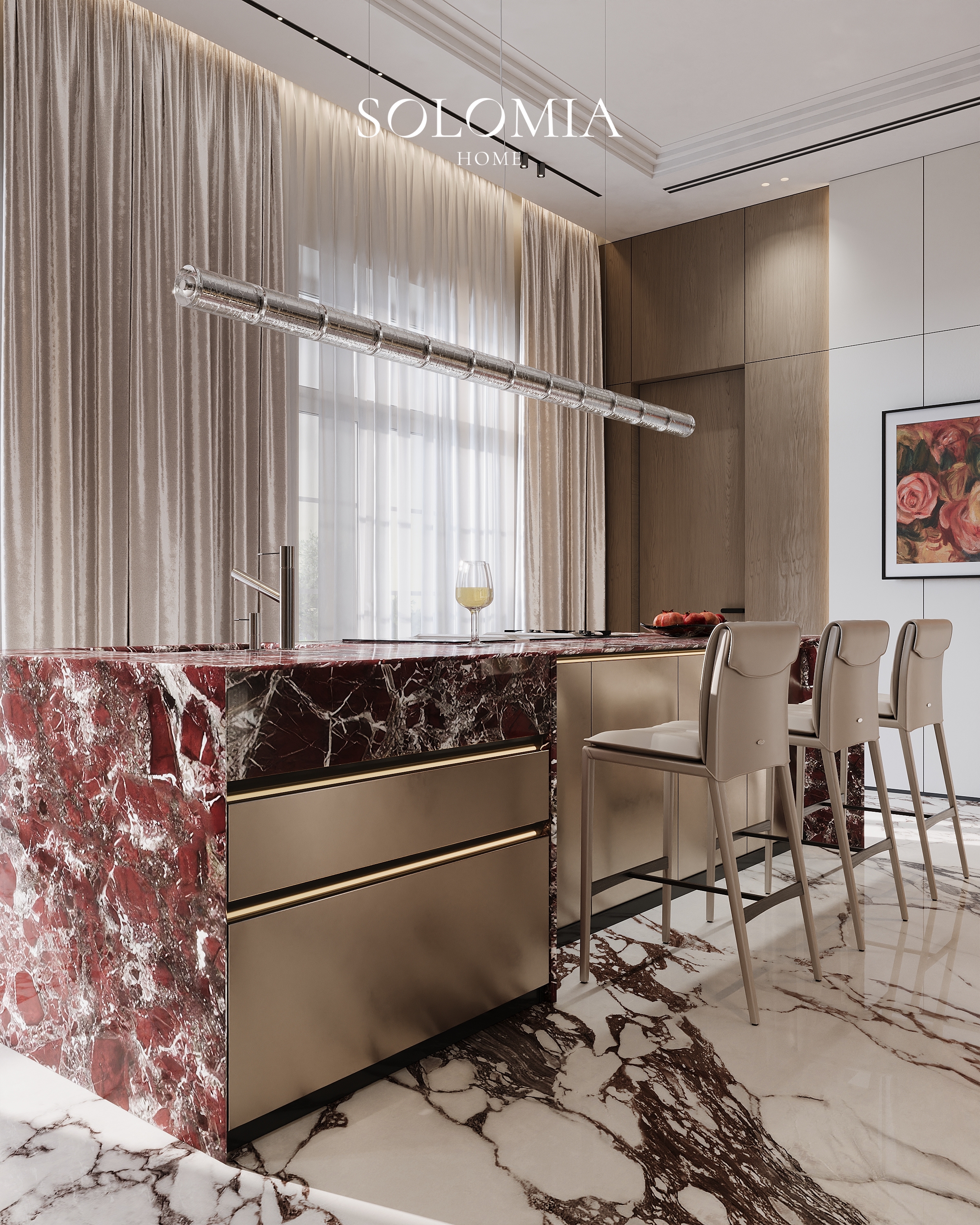 Kitchen with red marble island and bar stools, Villa Almaty. Kazakhstan — luxury interior design Almaty