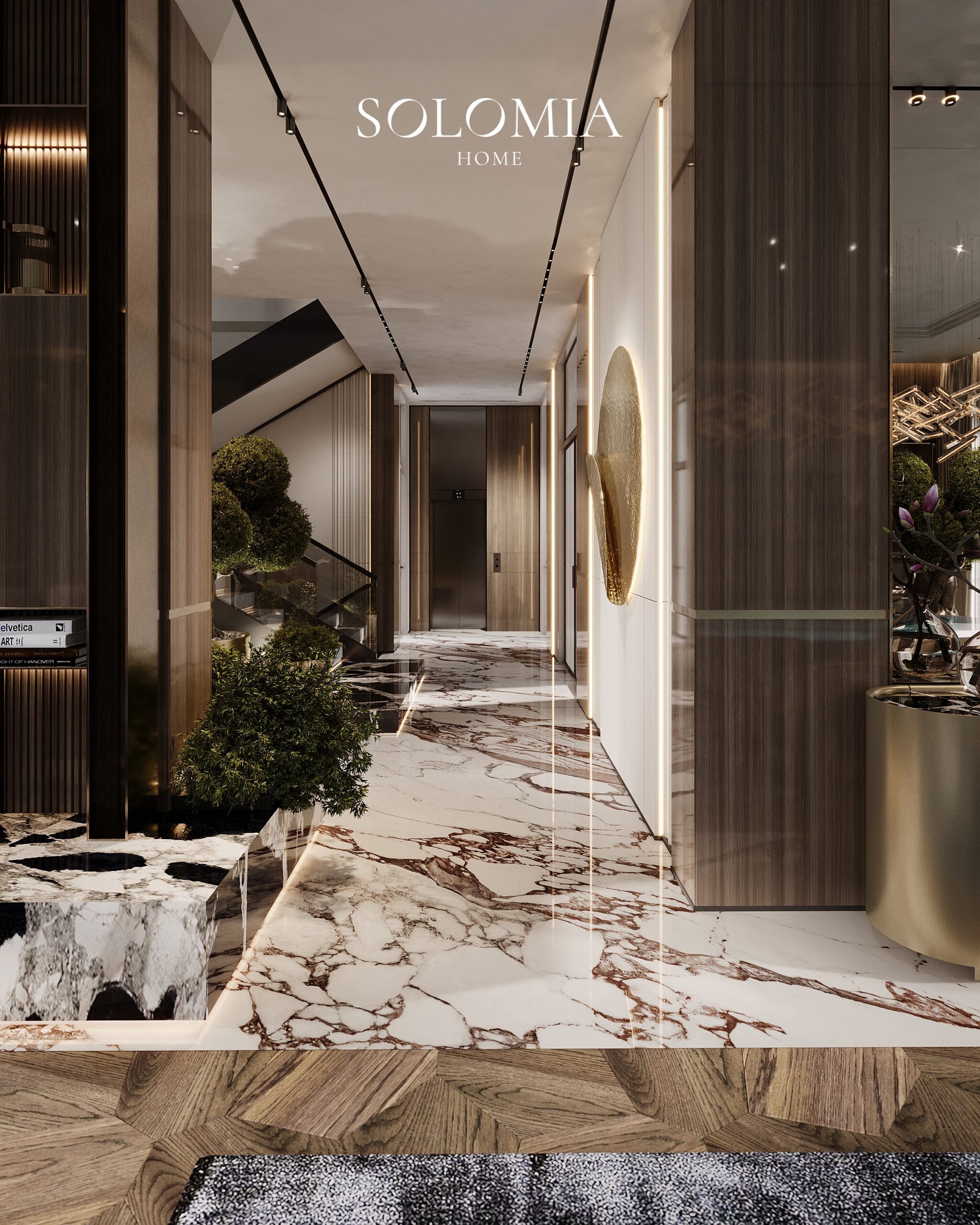 Corridor with marble floor and plants, Villa Almaty. Kazakhstan — luxury interior design Almaty