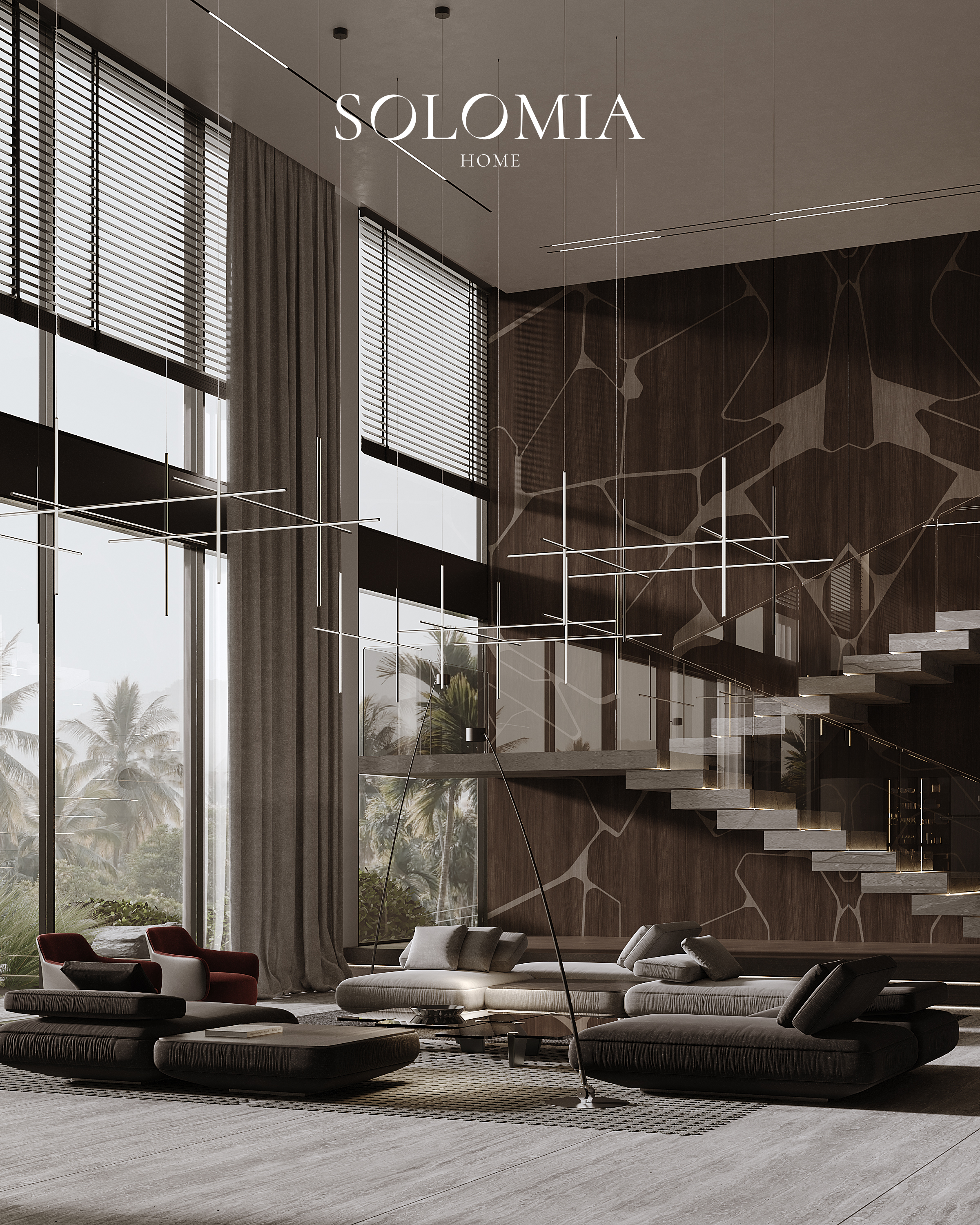 Double-height living room with staircase and marble wall, Villa Emirates Hills — luxury interior design by Solomia Design