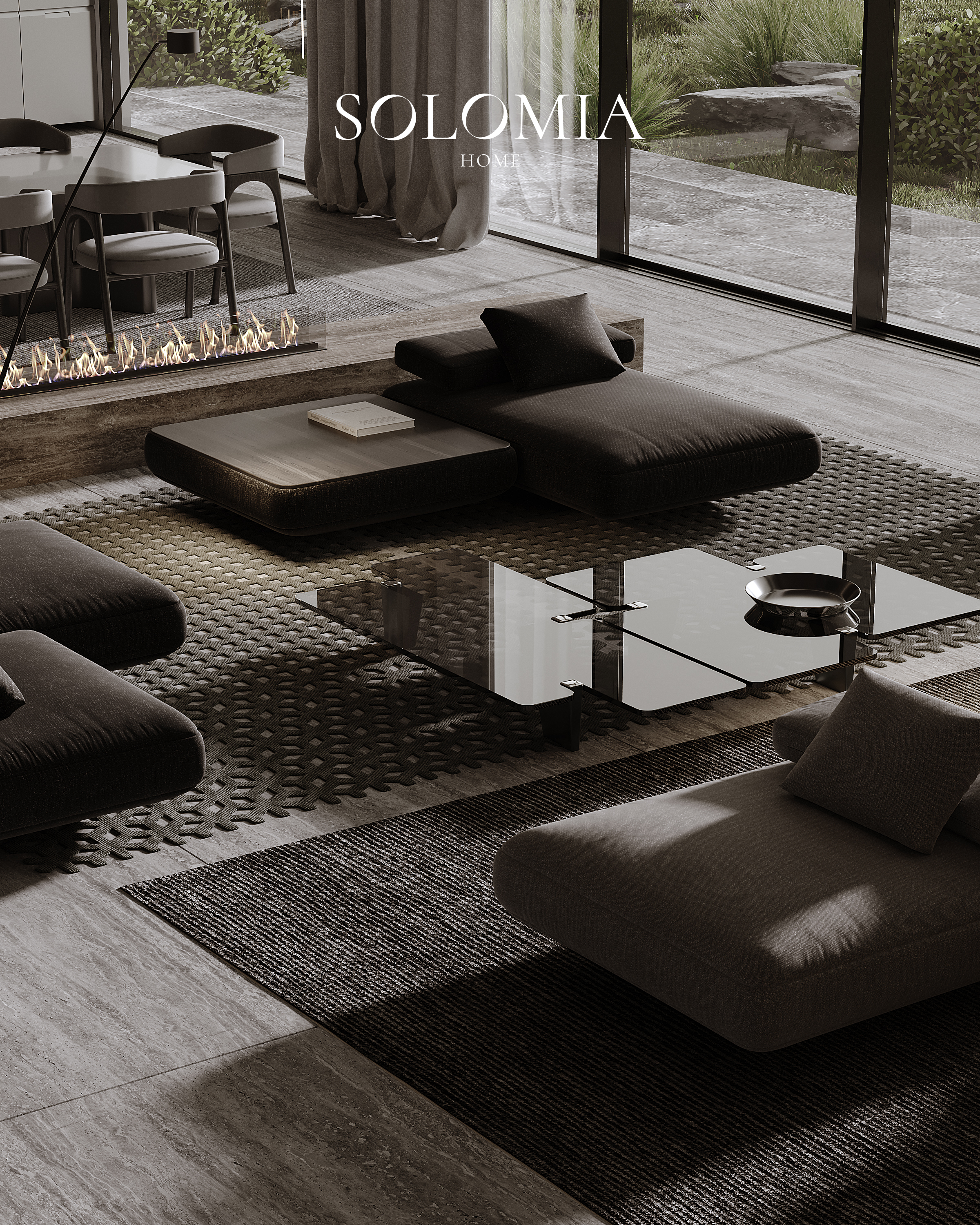 Lounge with dark sofas and fireplace, Villa Emirates Hills — luxury interior design by Solomia Design