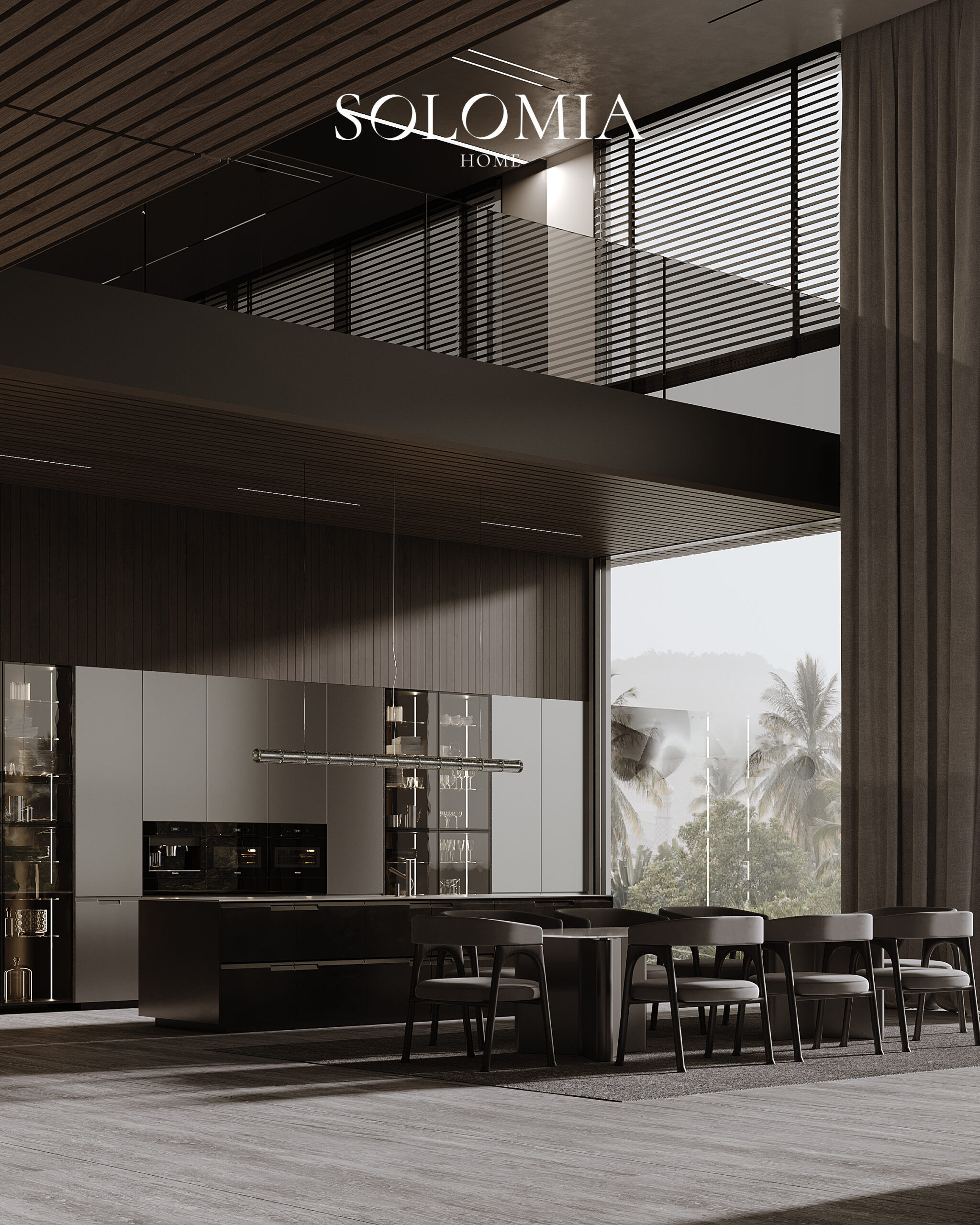 Kitchen with dark cabinets and palm view, Villa Emirates Hills — luxury interior design by Solomia Design