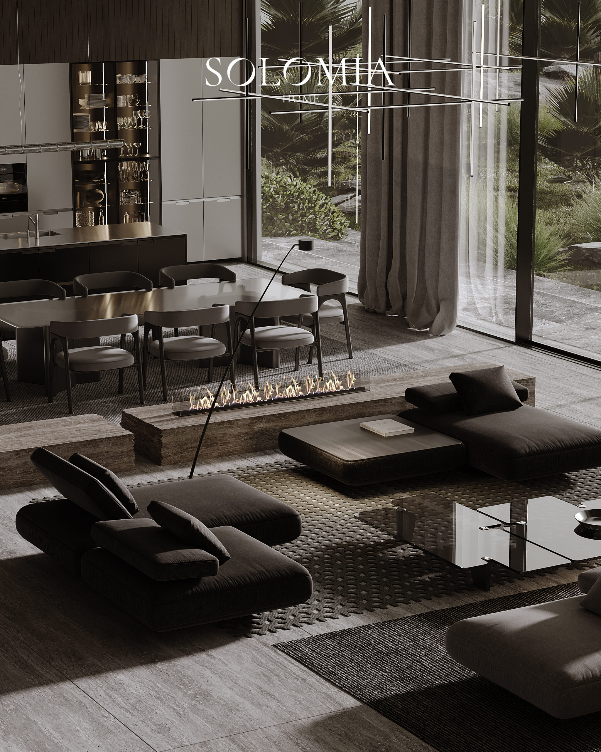 Living room with dark sofas and dining area, Villa Emirates Hills — luxury interior design by Solomia Design