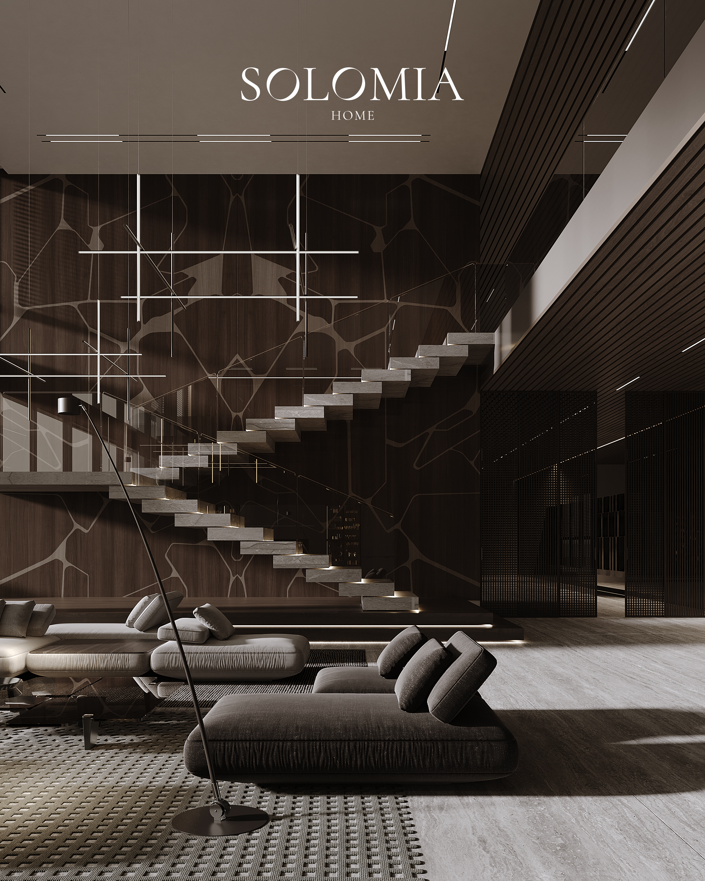 Living room with marble staircase wall, Villa Emirates Hills — luxury interior design by Solomia Design