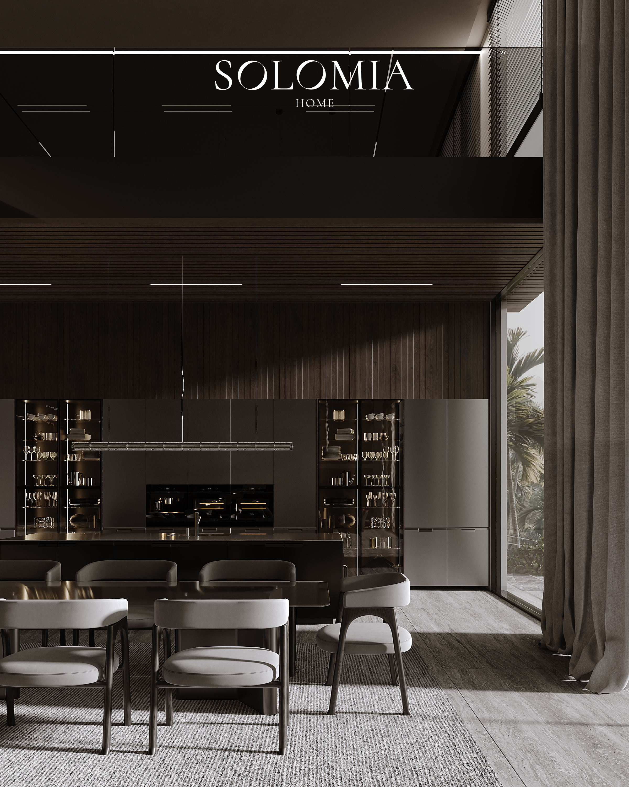 Kitchen with dark island and dining table, Villa Emirates Hills — luxury interior design by Solomia Design