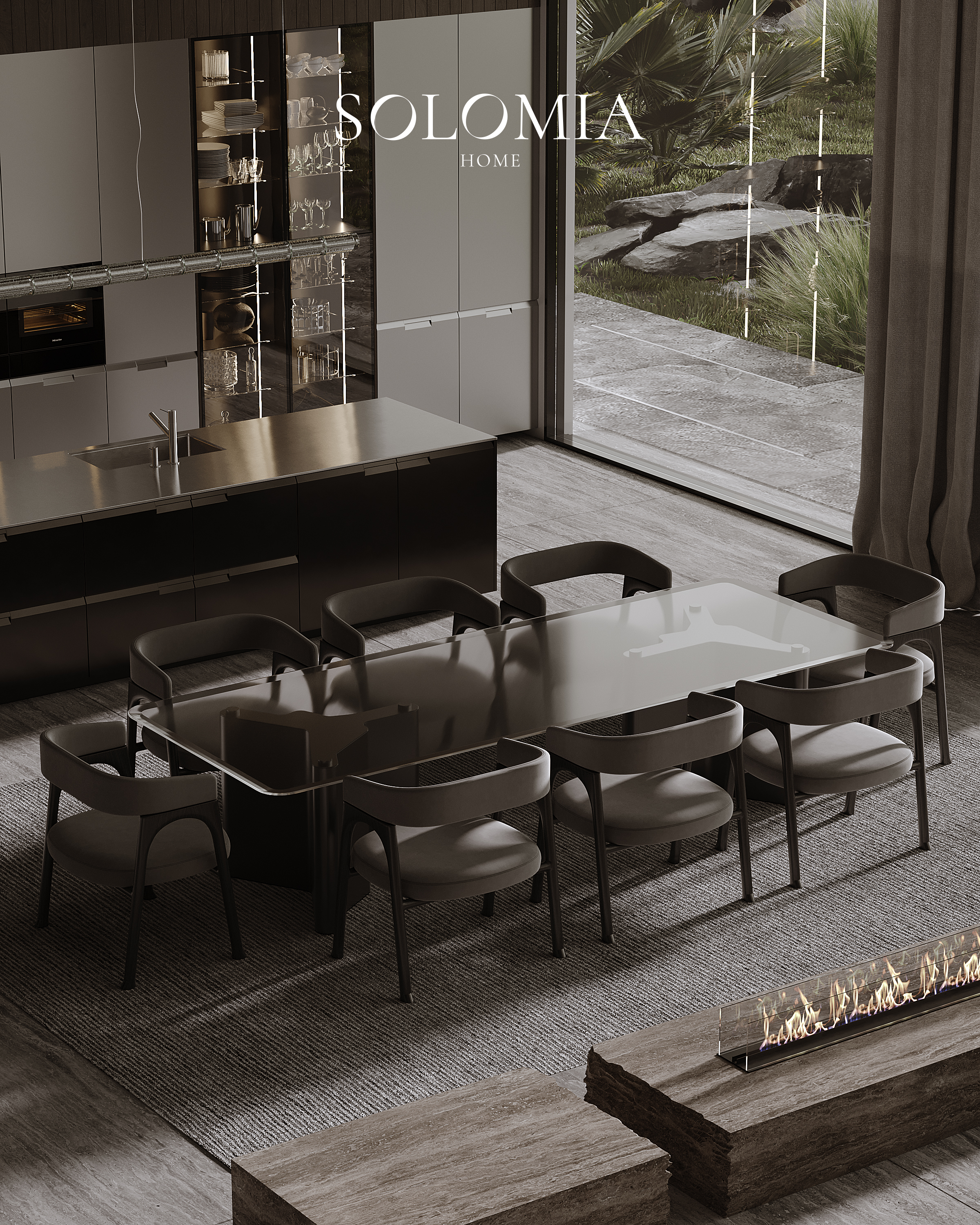 Dining table with dark chairs and kitchen, Villa Emirates Hills — luxury interior design by Solomia Design