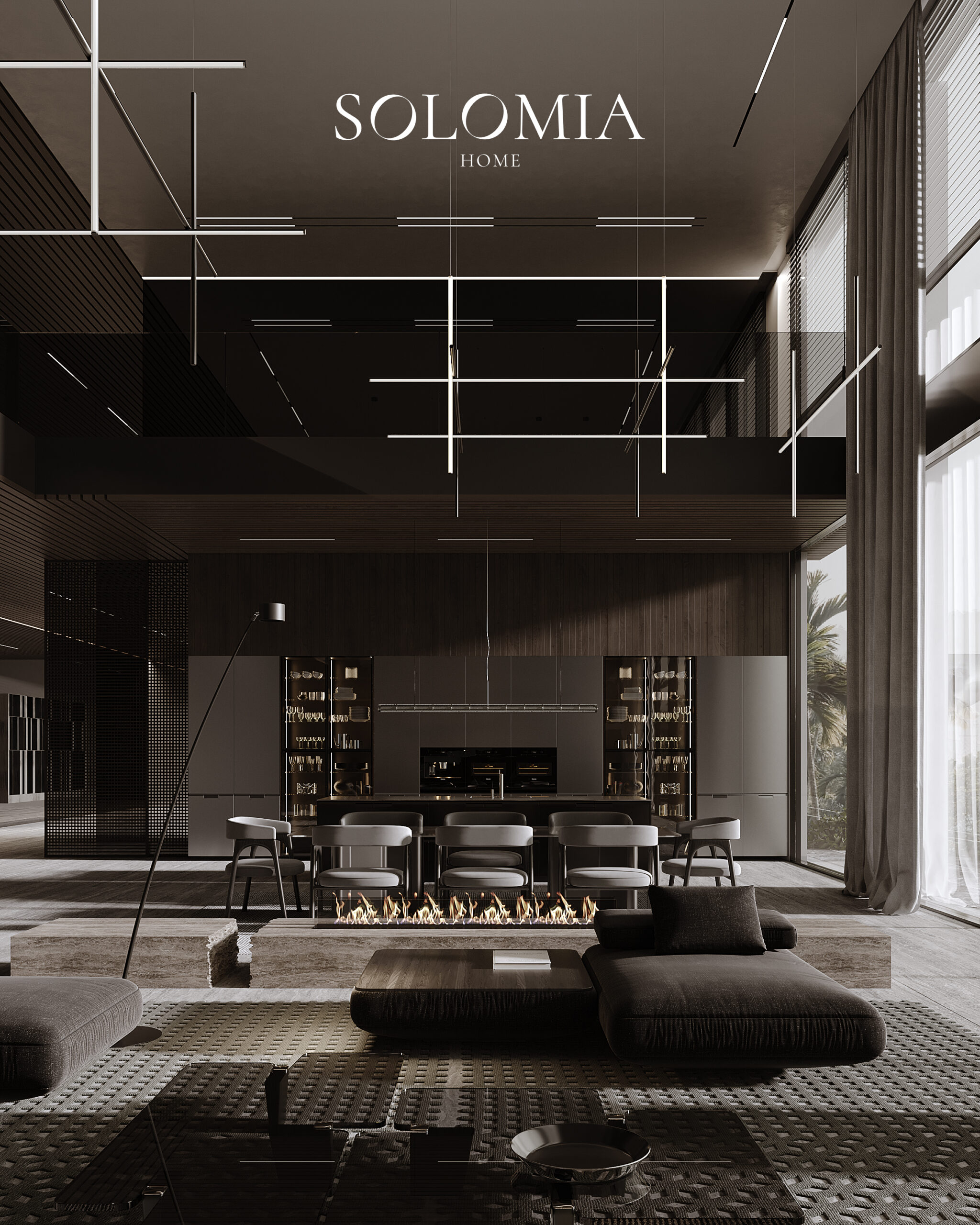 Living room with linear ceiling lights, Villa Emirates Hills — luxury interior design by Solomia Design