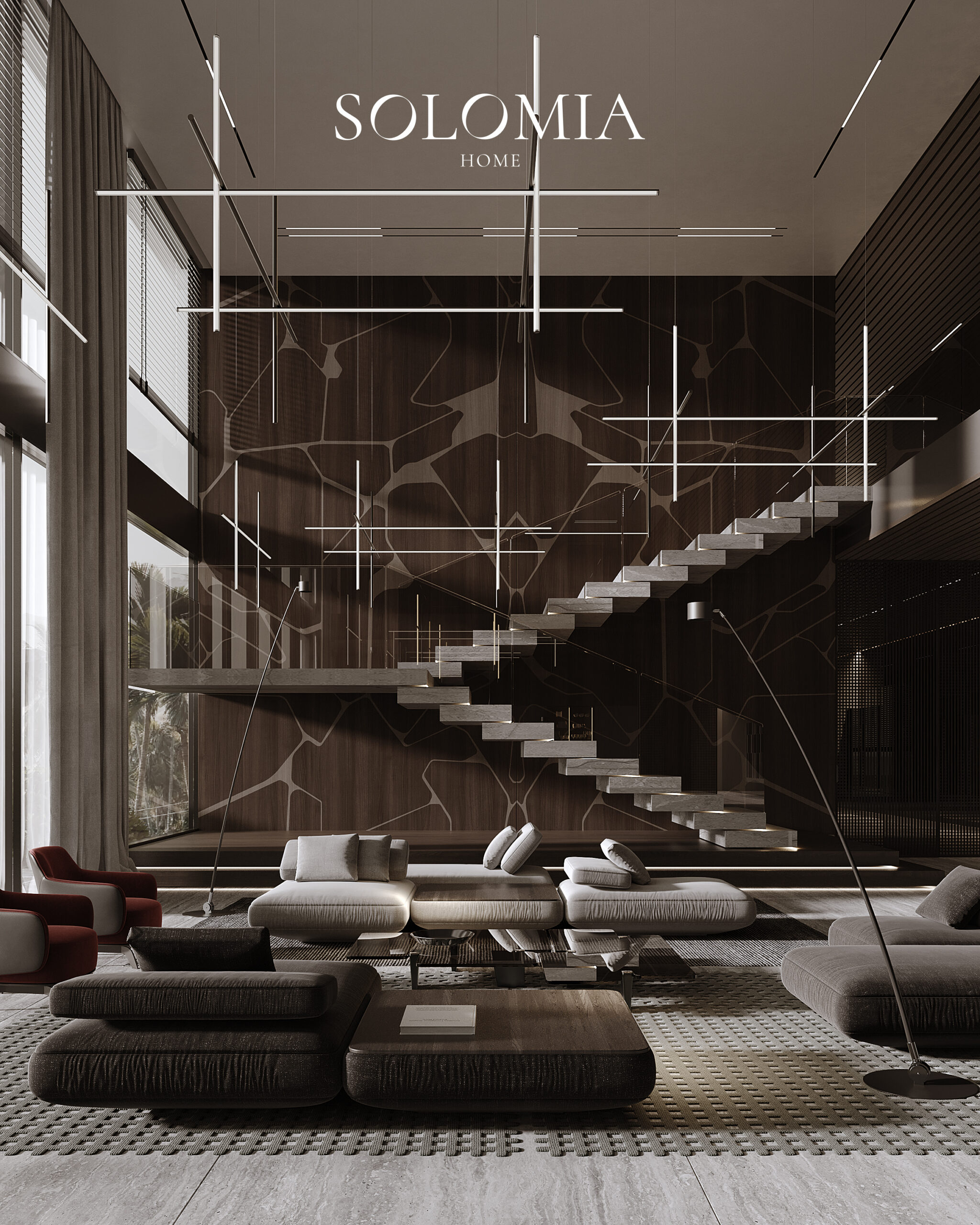Double-height living room with staircase and dark sofas, Villa Emirates Hills — luxury interior design by Solomia Design