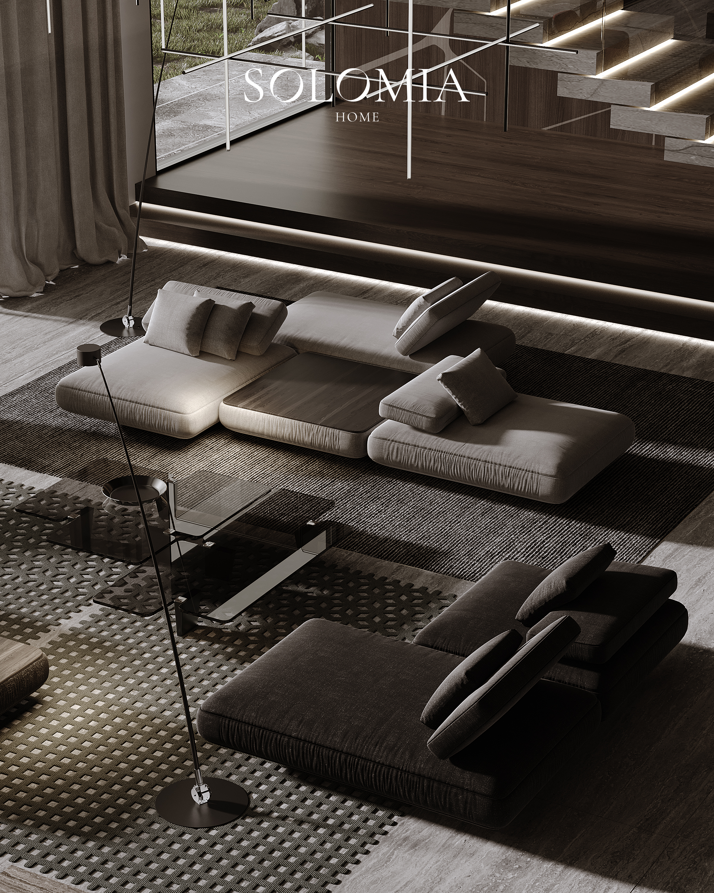 Lounge with grey sofa and glass wall, Villa Emirates Hills — luxury interior design by Solomia Design
