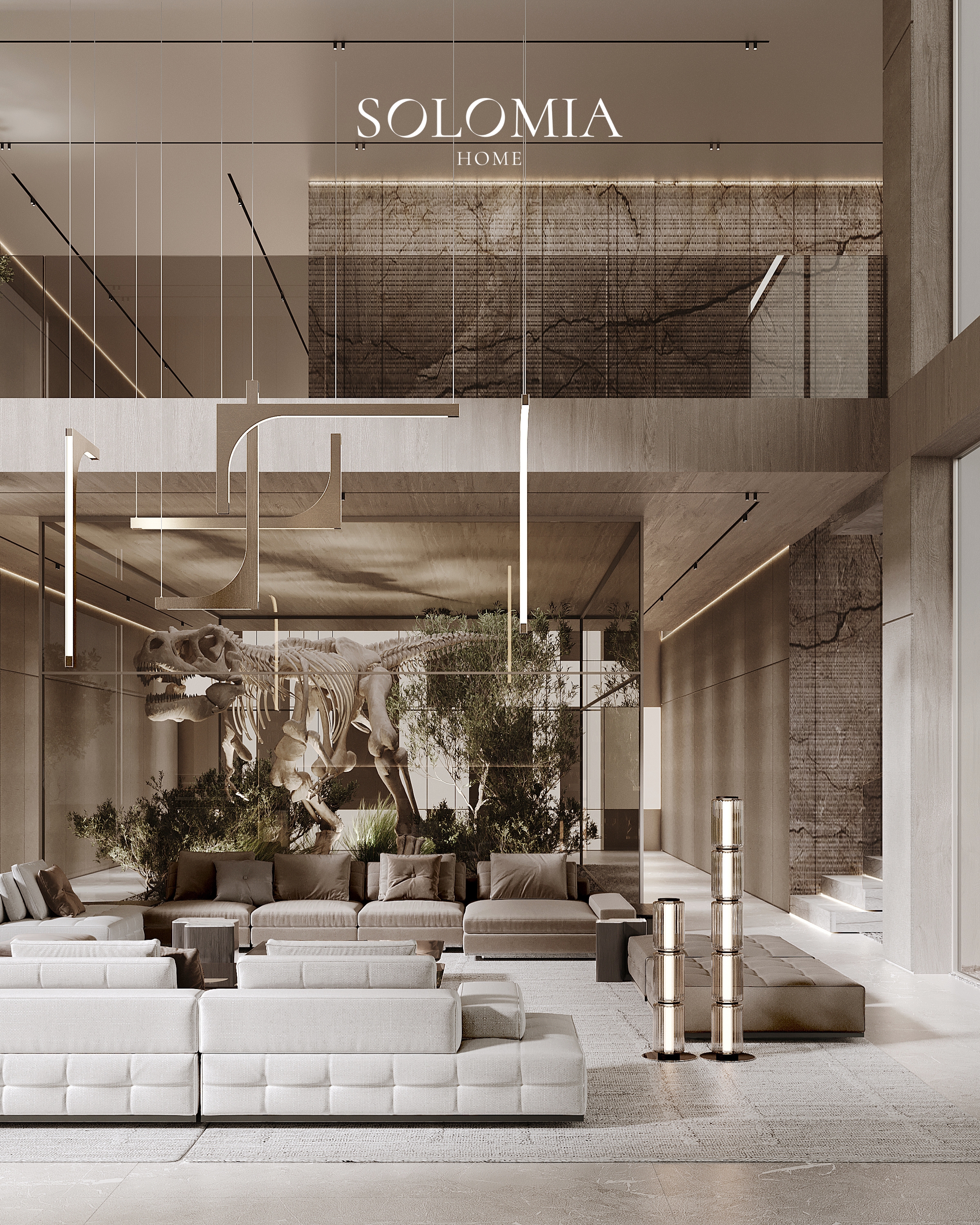 Living room with double-height glass wall and sculpture, Villa Jumeirah Bay — luxury interior design by Solomia Design