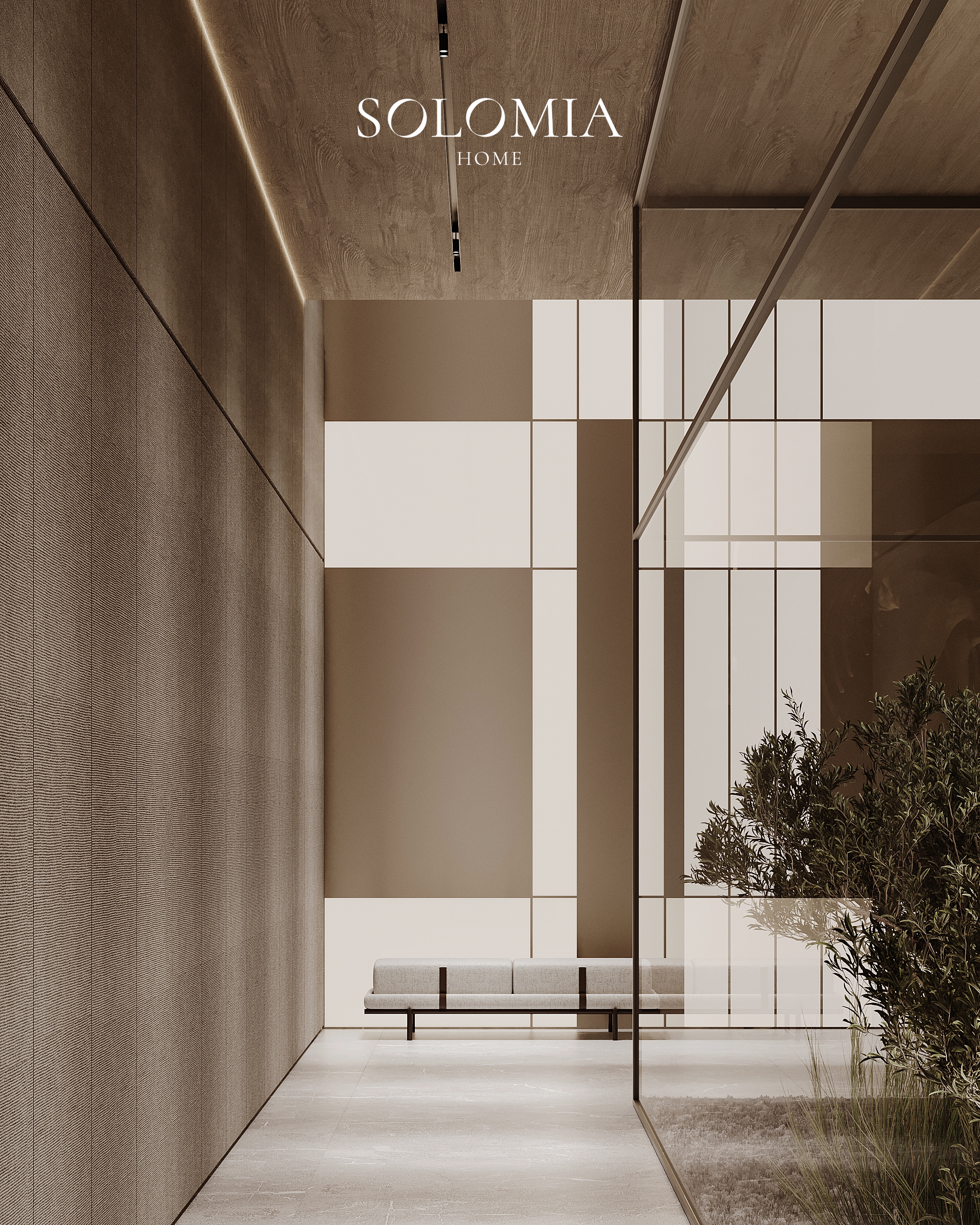 Hall with wood panelling and glass partition, Villa Jumeirah Bay — luxury interior design by Solomia Design