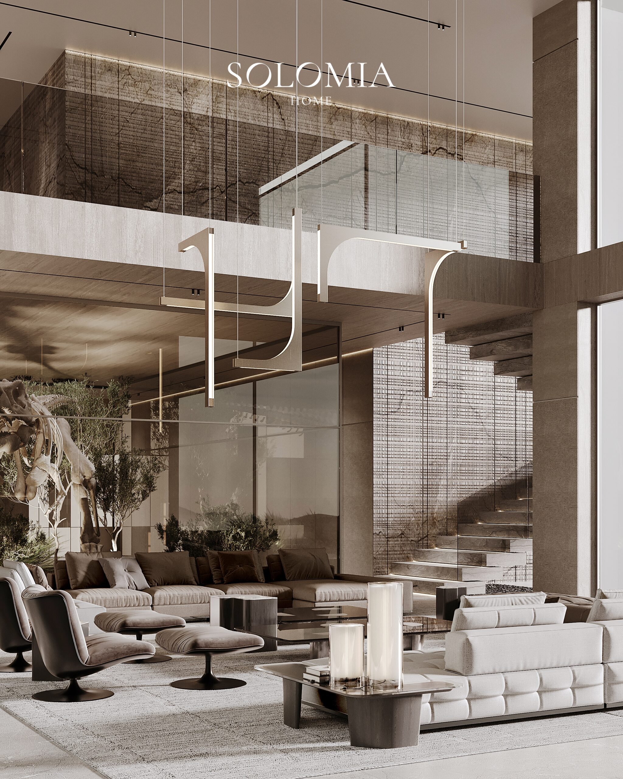 Double-height living room with staircase, Villa Jumeirah Bay — luxury interior design by Solomia Design