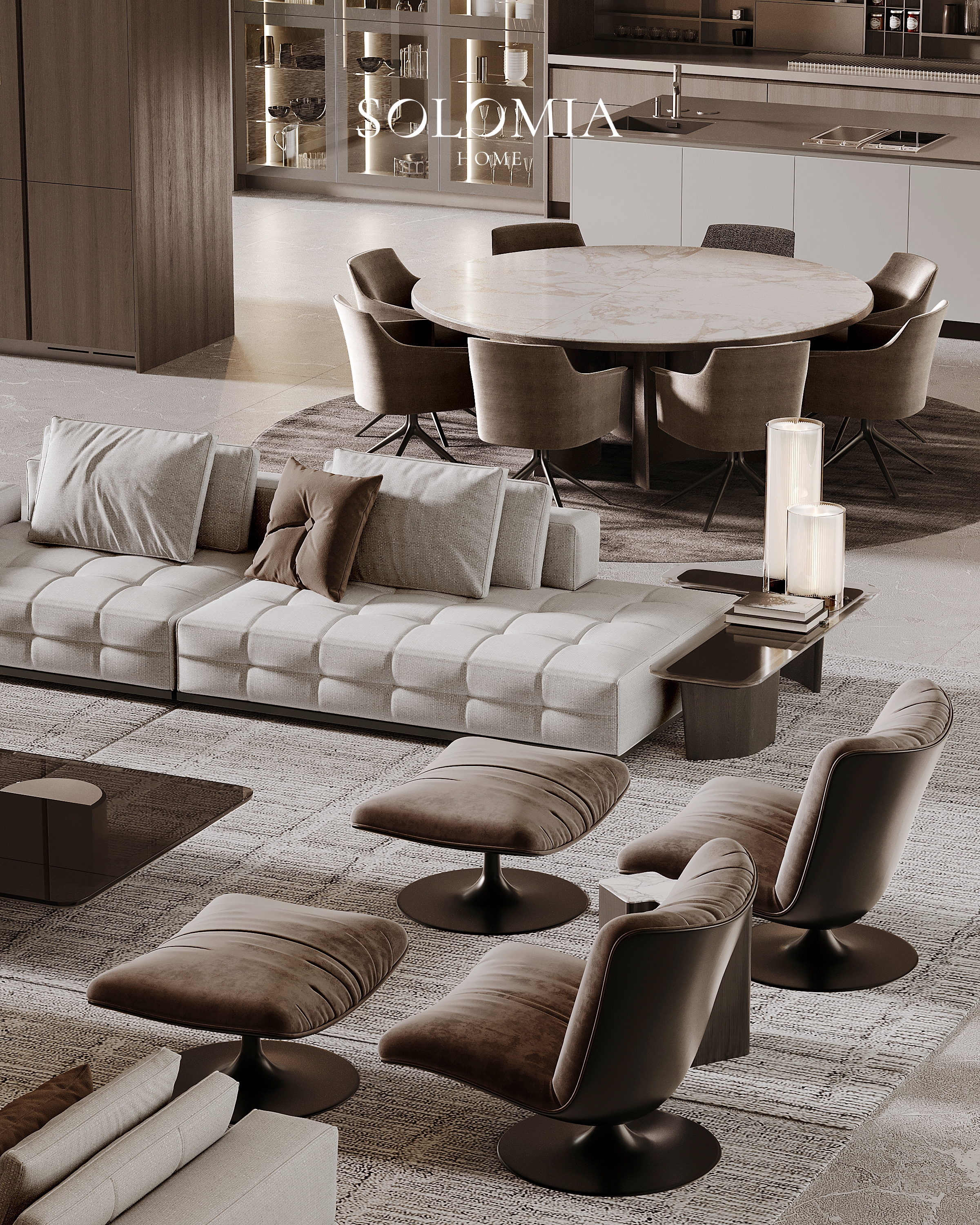 Round dining table with tan chairs, top view, Villa Jumeirah Bay — luxury interior design by Solomia Design