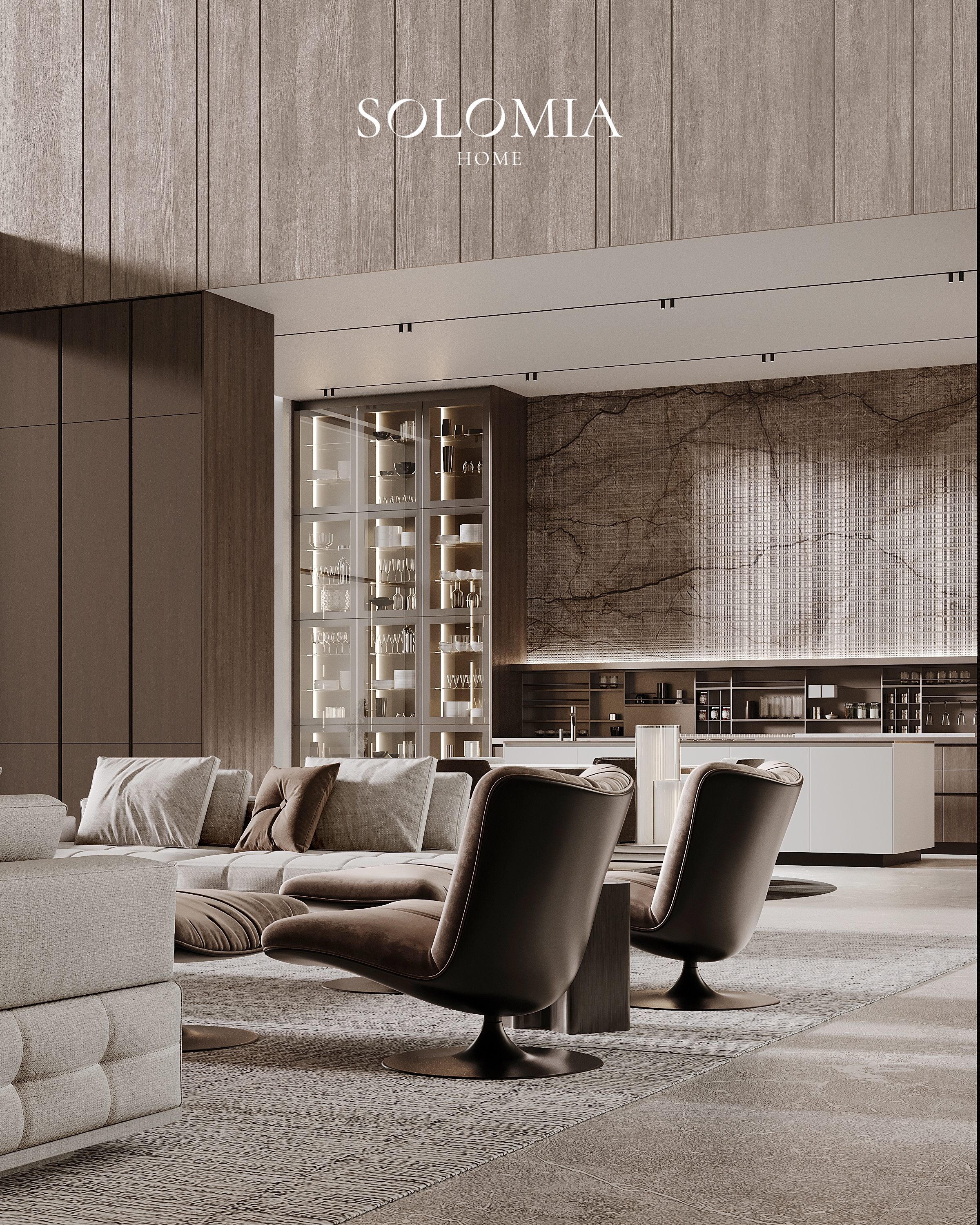 Lounge with tan swivel chairs and marble wall, Villa Jumeirah Bay — luxury interior design by Solomia Design
