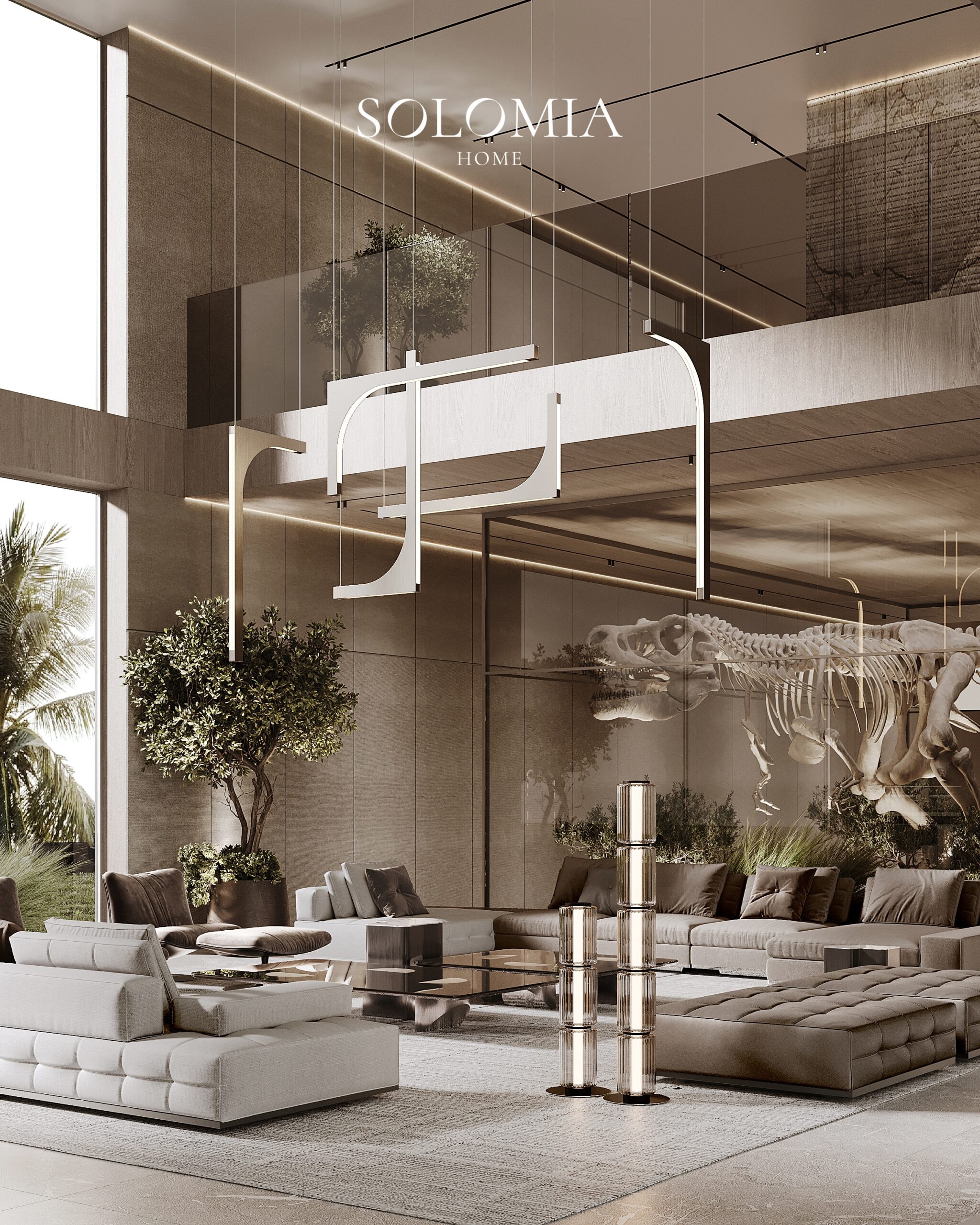 Living room with sculptural pendant and tree, Villa Jumeirah Bay — luxury interior design by Solomia Design