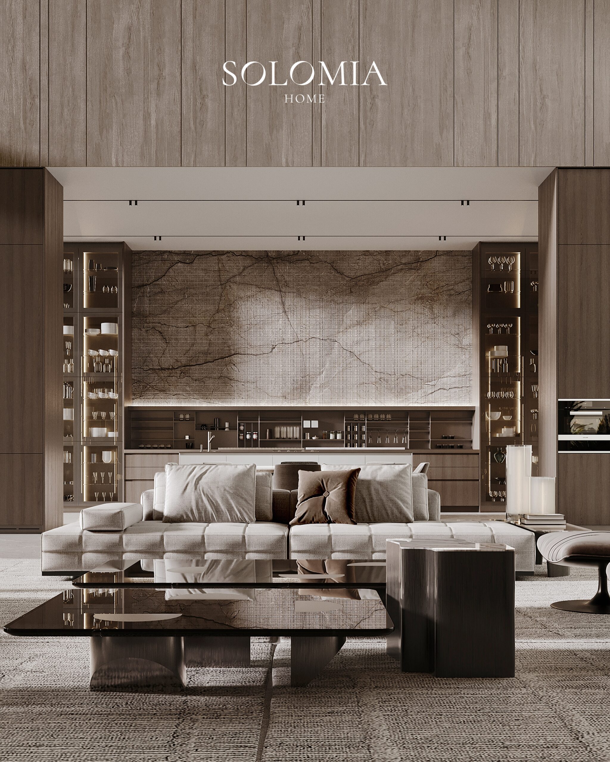 White sofa with lit shelving and marble wall, Villa Jumeirah Bay — luxury interior design by Solomia Design
