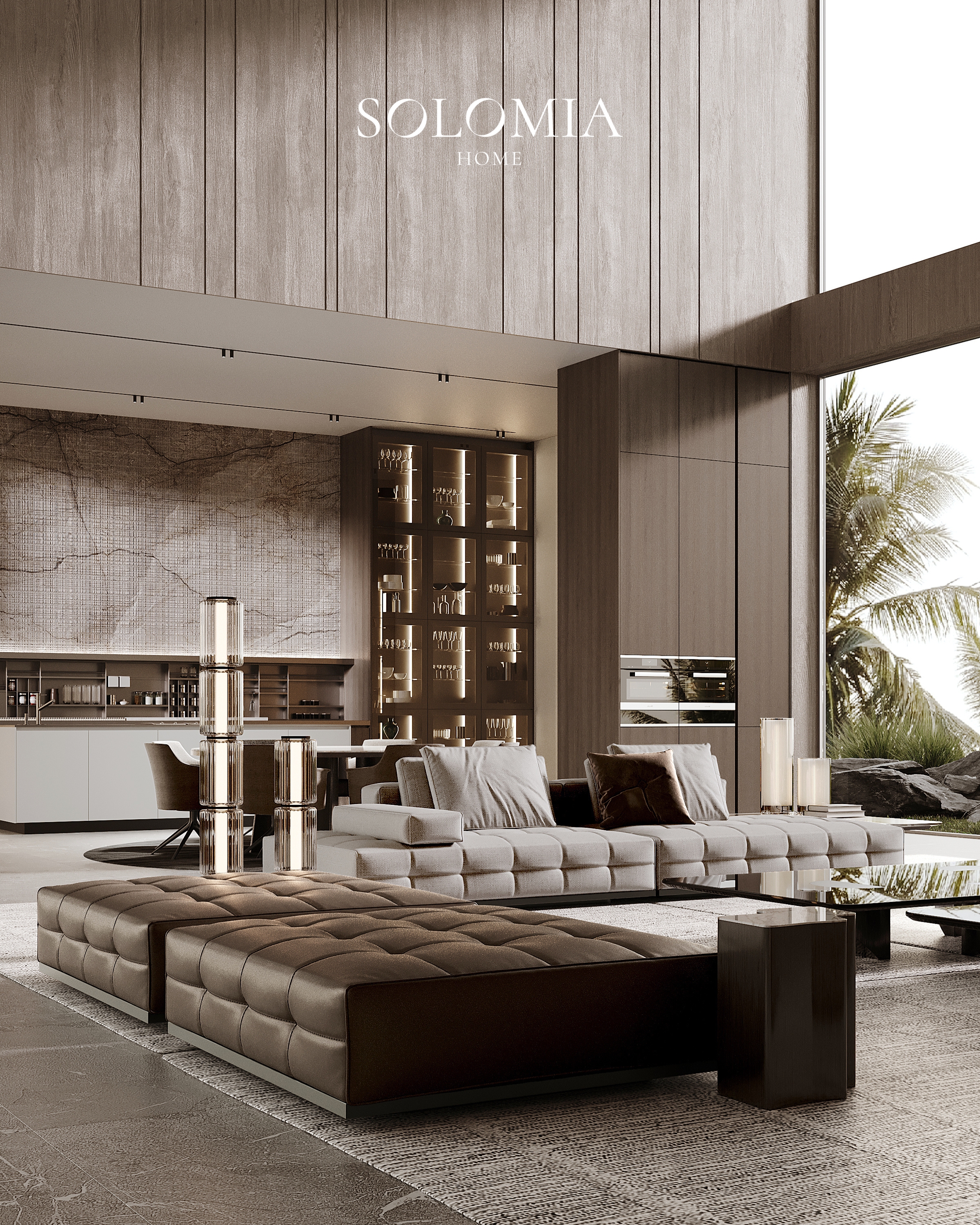 Tufted sofa with palm view, Villa Jumeirah Bay — luxury interior design by Solomia Design