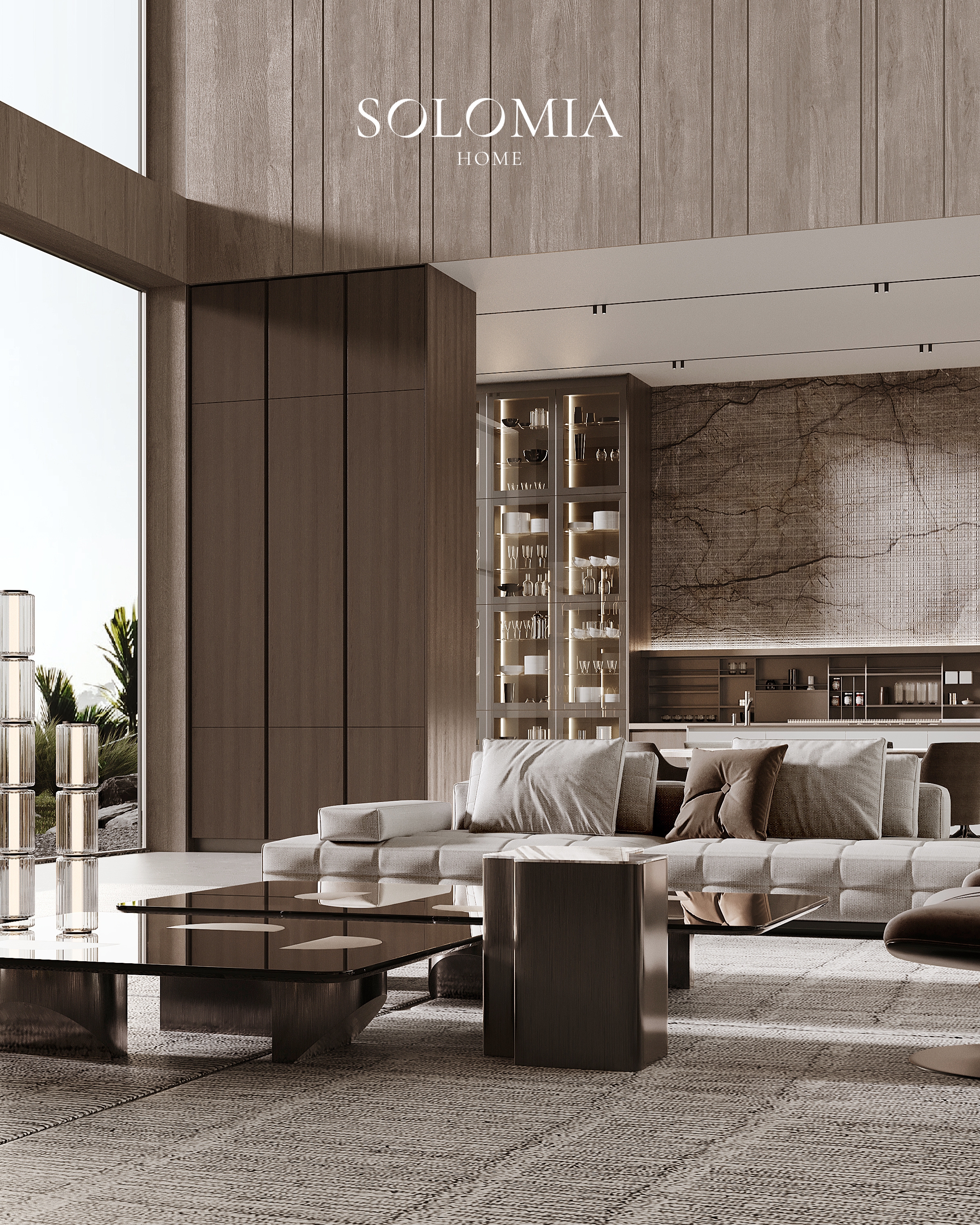 Living room with marble wall and lit shelves, Villa Jumeirah Bay — luxury interior design by Solomia Design