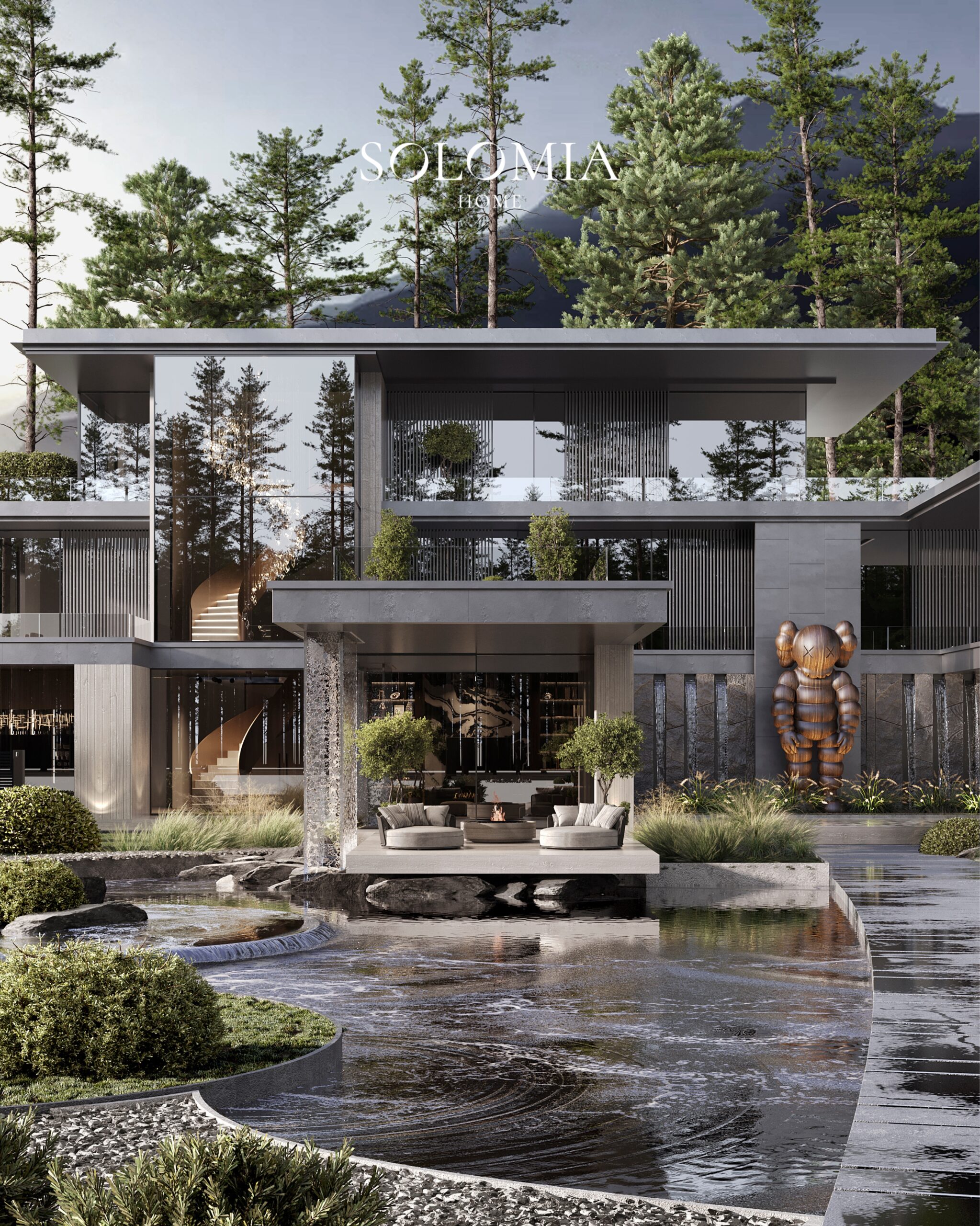 Villa exterior among pine trees — villa exterior design Dubai