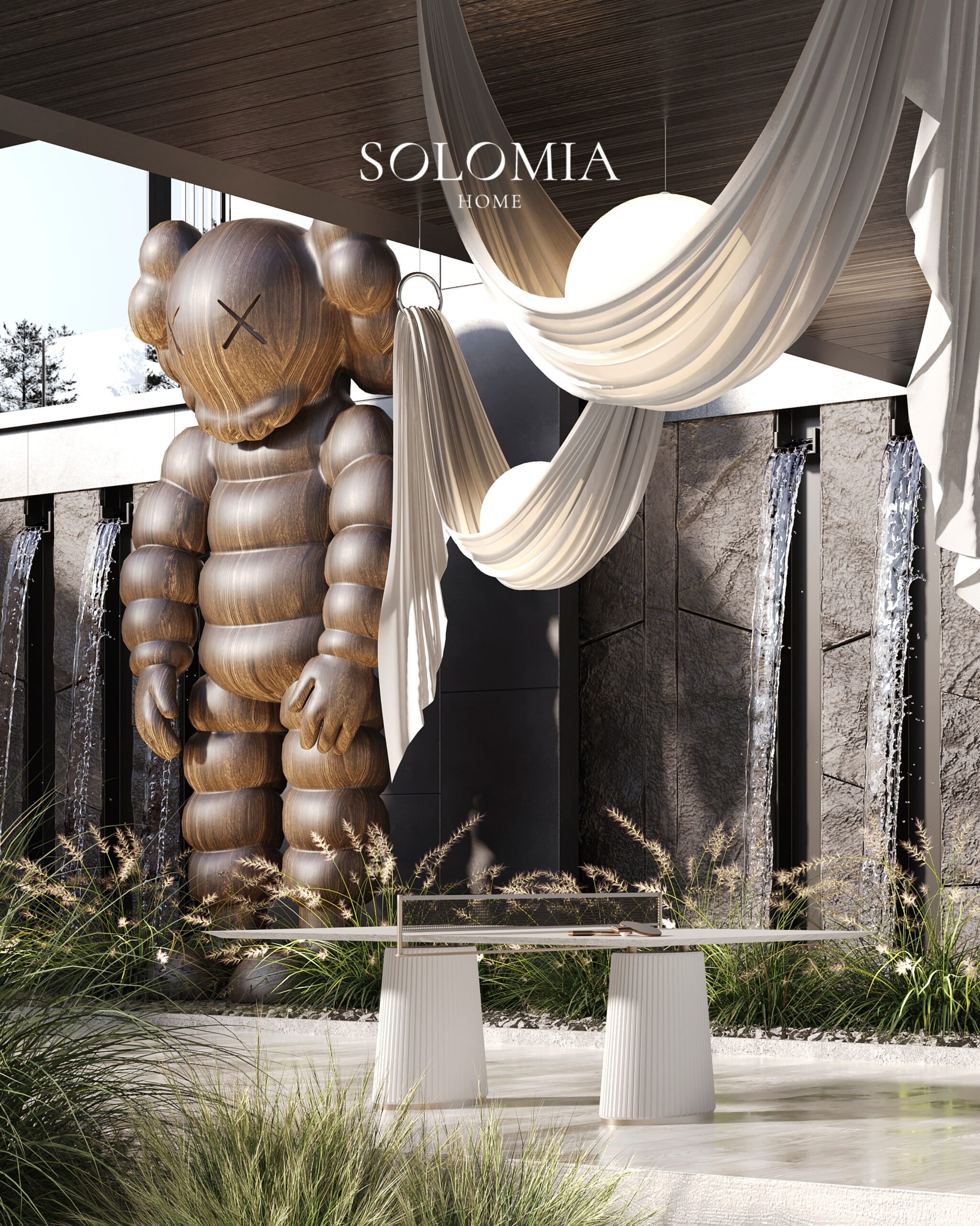 Entrance with waterfall wall and KAWS sculpture — villa exterior design Dubai