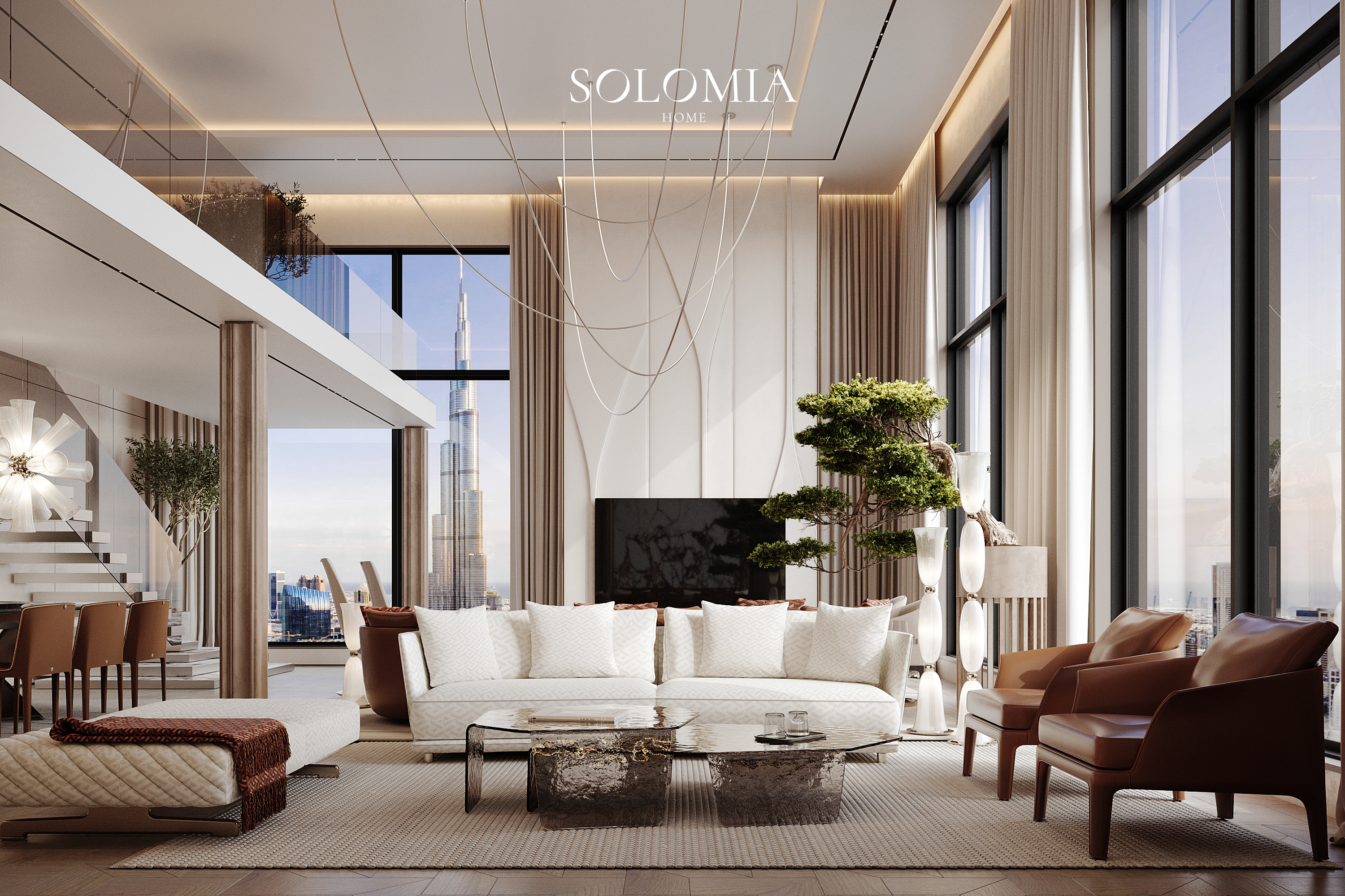 Penthouse living room with Burj Khalifa view, One Za’abeel Dubai — luxury interior design Dubai