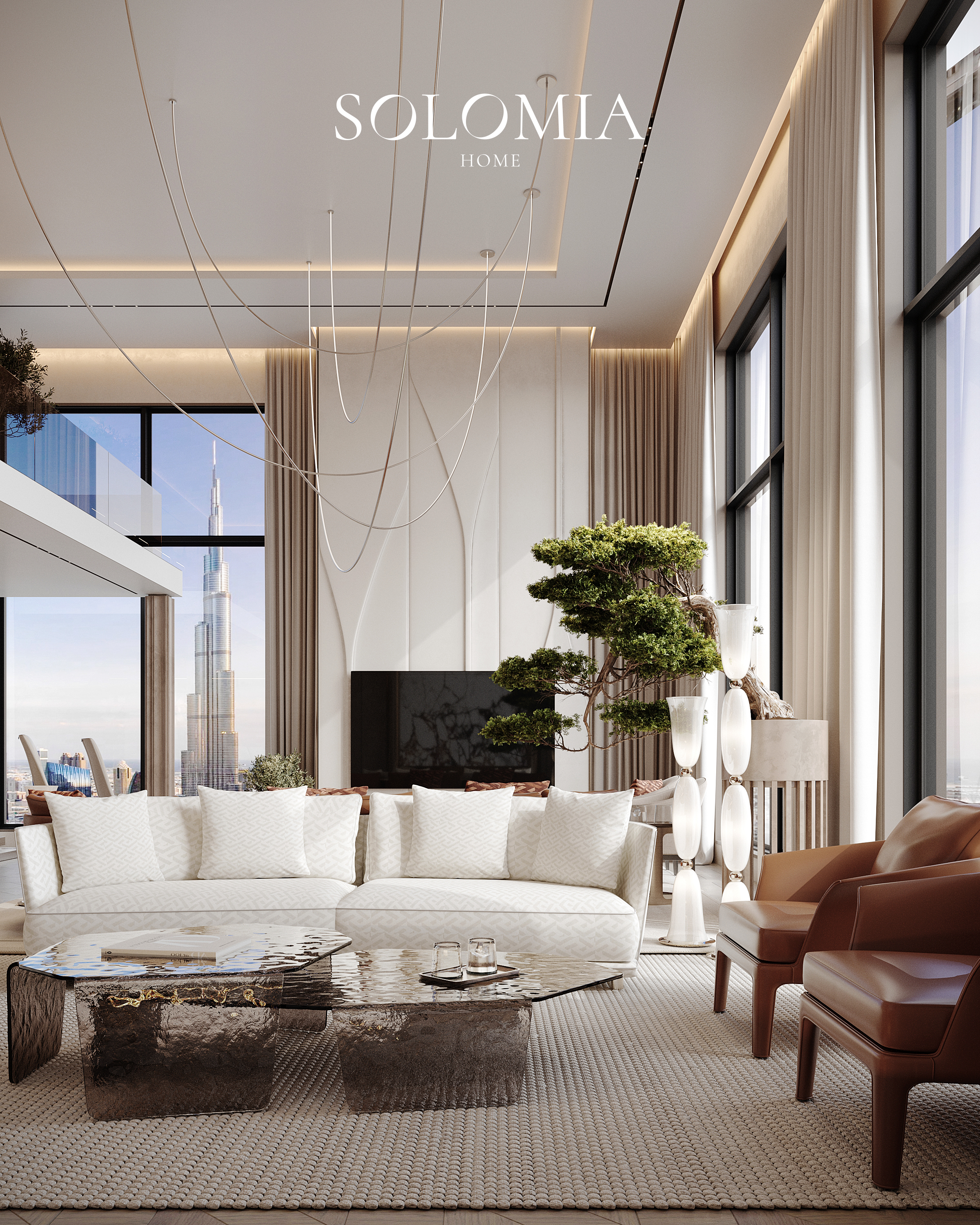 Living room with white sofa and skyline view, One Za’abeel Dubai — luxury interior design Dubai