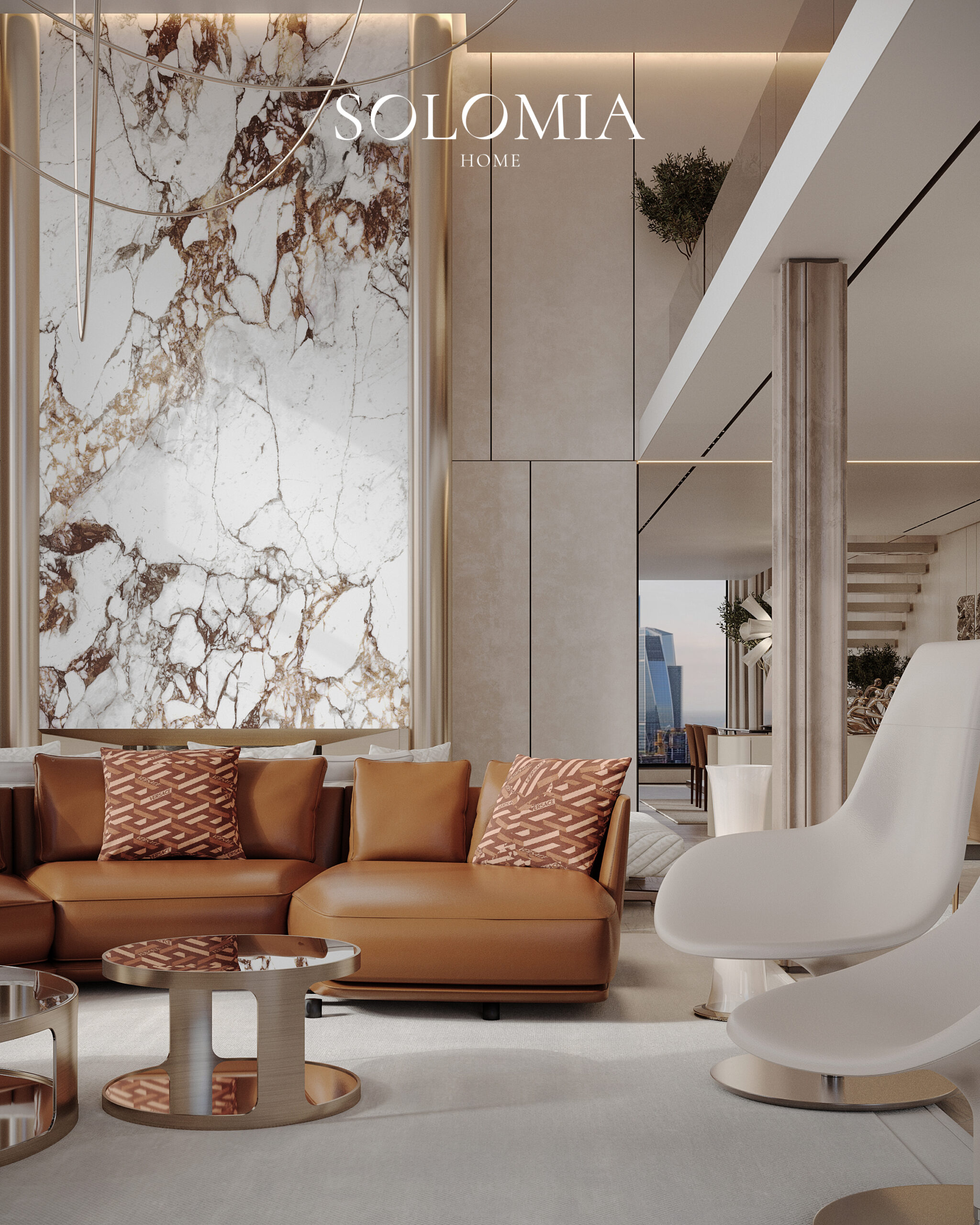 Tan leather sofa with marble wall, One Za’abeel Dubai — luxury interior design Dubai