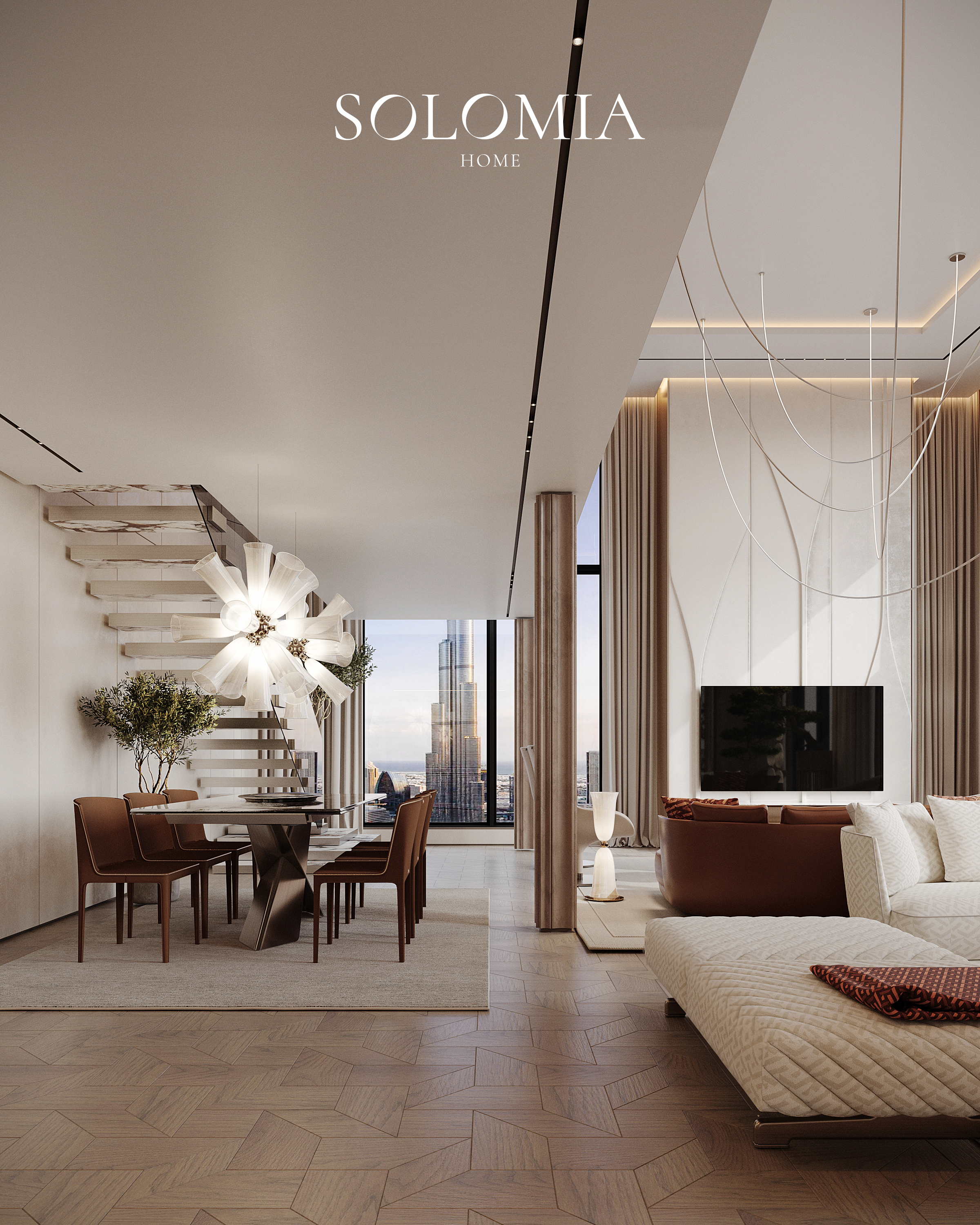 Living room with floating staircase and Burj Khalifa view, One Za’abeel Dubai — luxury interior design Dubai