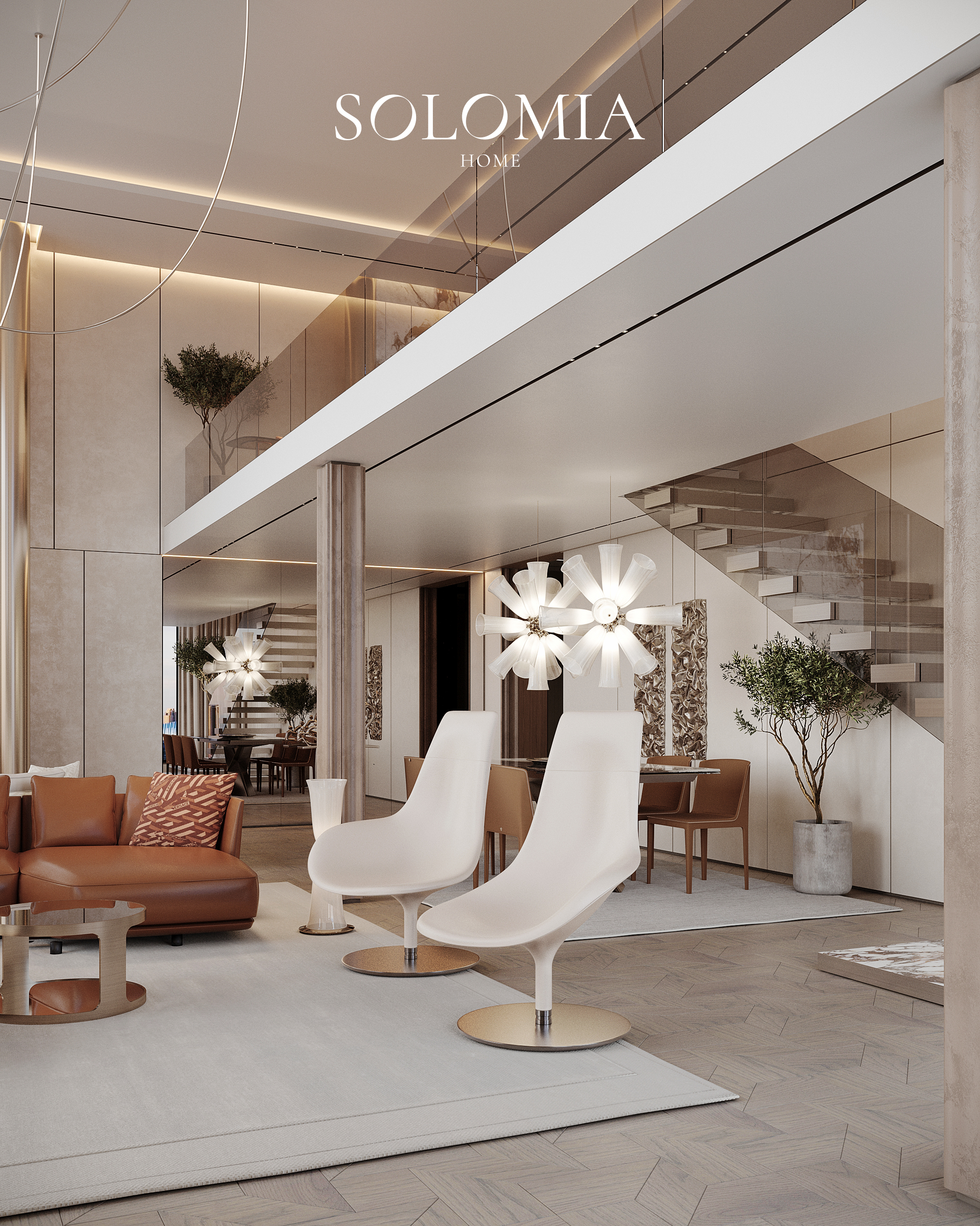 Living room with white armchair and staircase, One Za’abeel Dubai — luxury interior design Dubai