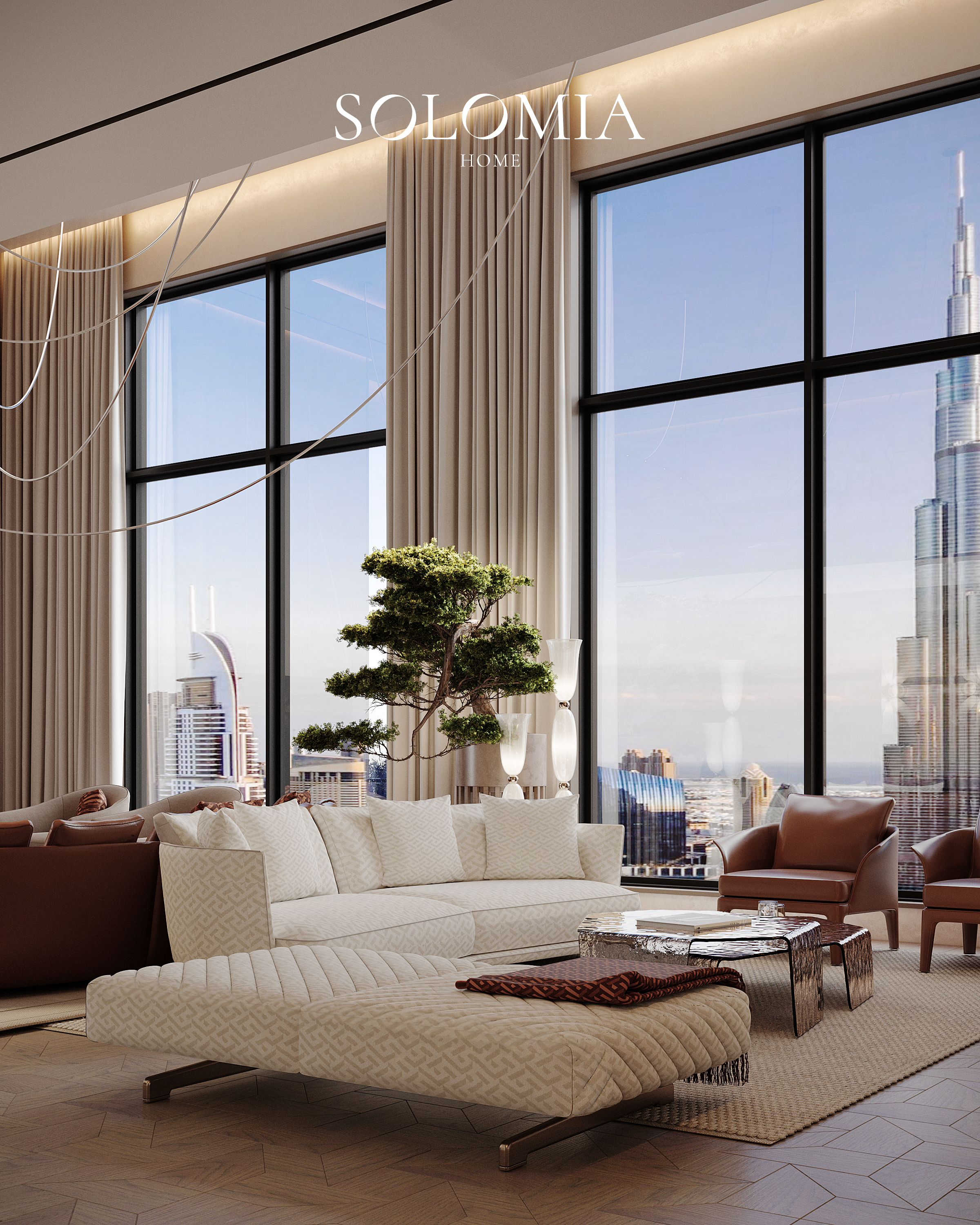 Living room with Downtown Dubai view, One Za’abeel Dubai — luxury interior design Dubai
