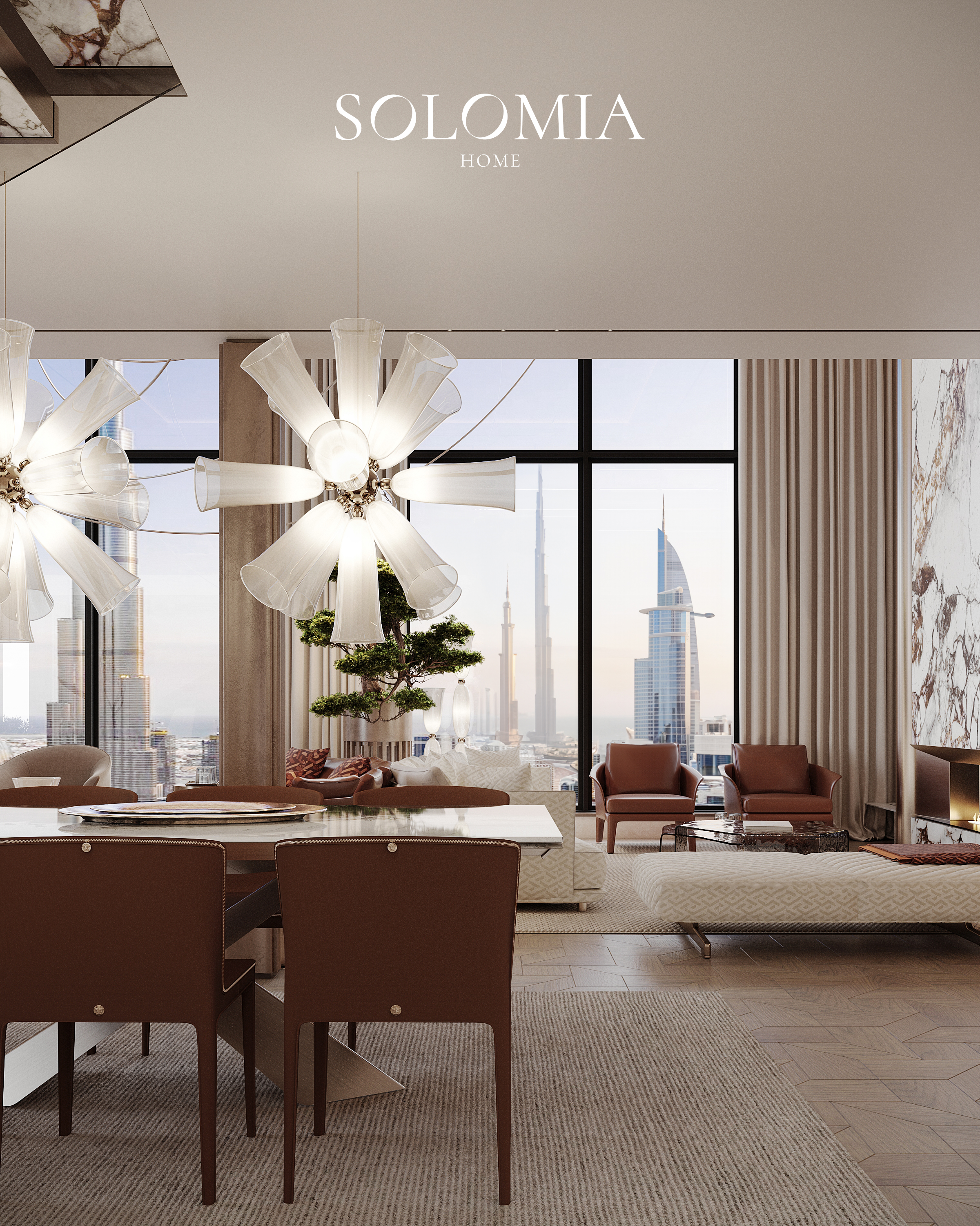 Dining table with Burj Khalifa view, One Za’abeel Dubai — luxury interior design Dubai