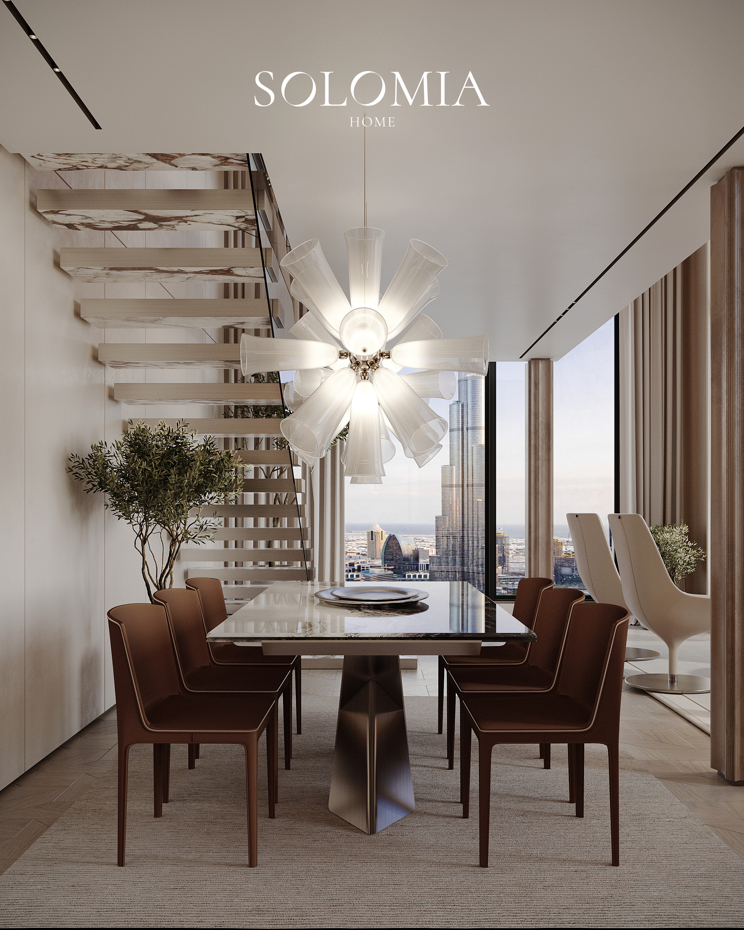 Dining area under the floating staircase, One Za’abeel Dubai — luxury interior design Dubai