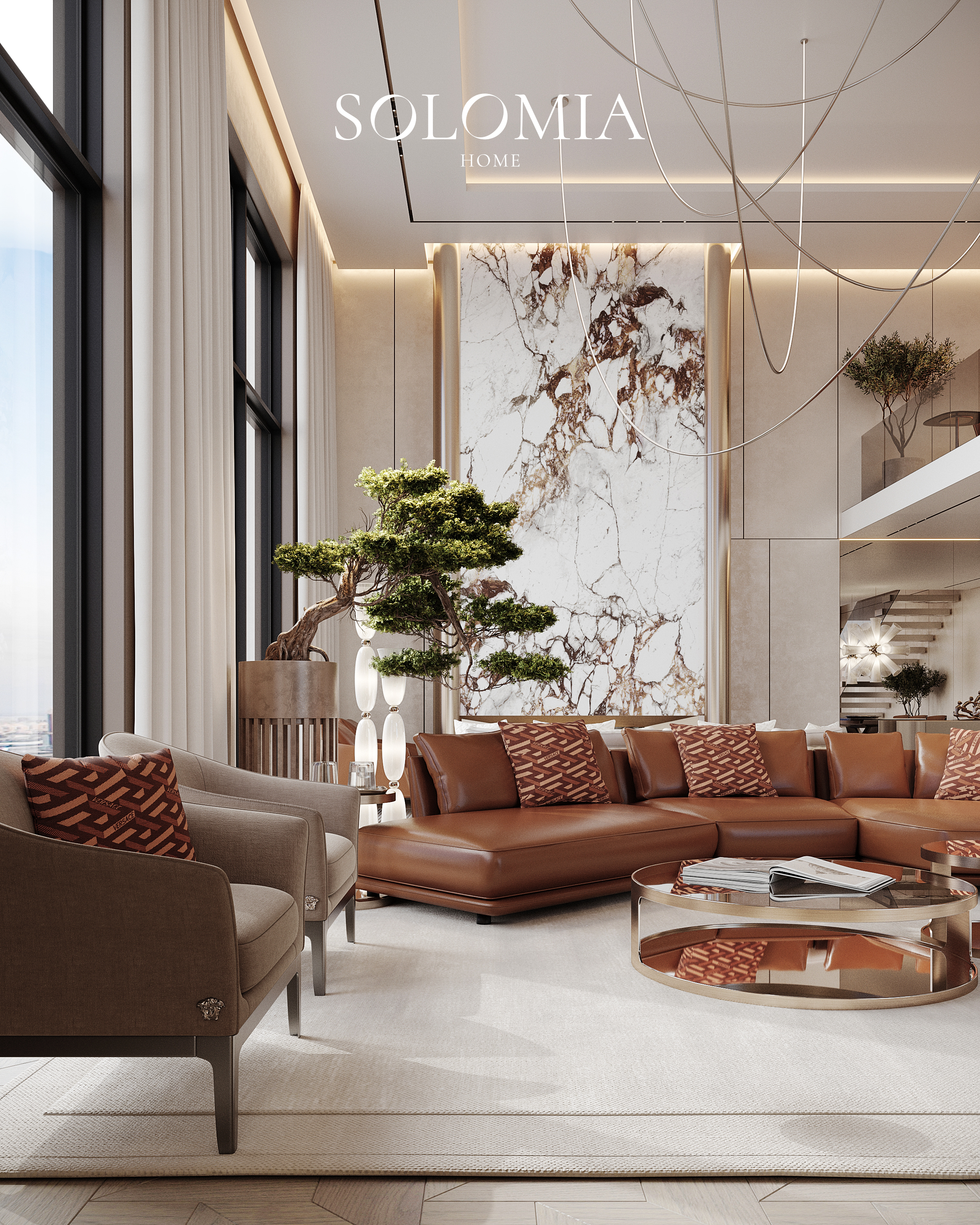 Leather sofa with marble feature wall, One Za’abeel Dubai — luxury interior design Dubai
