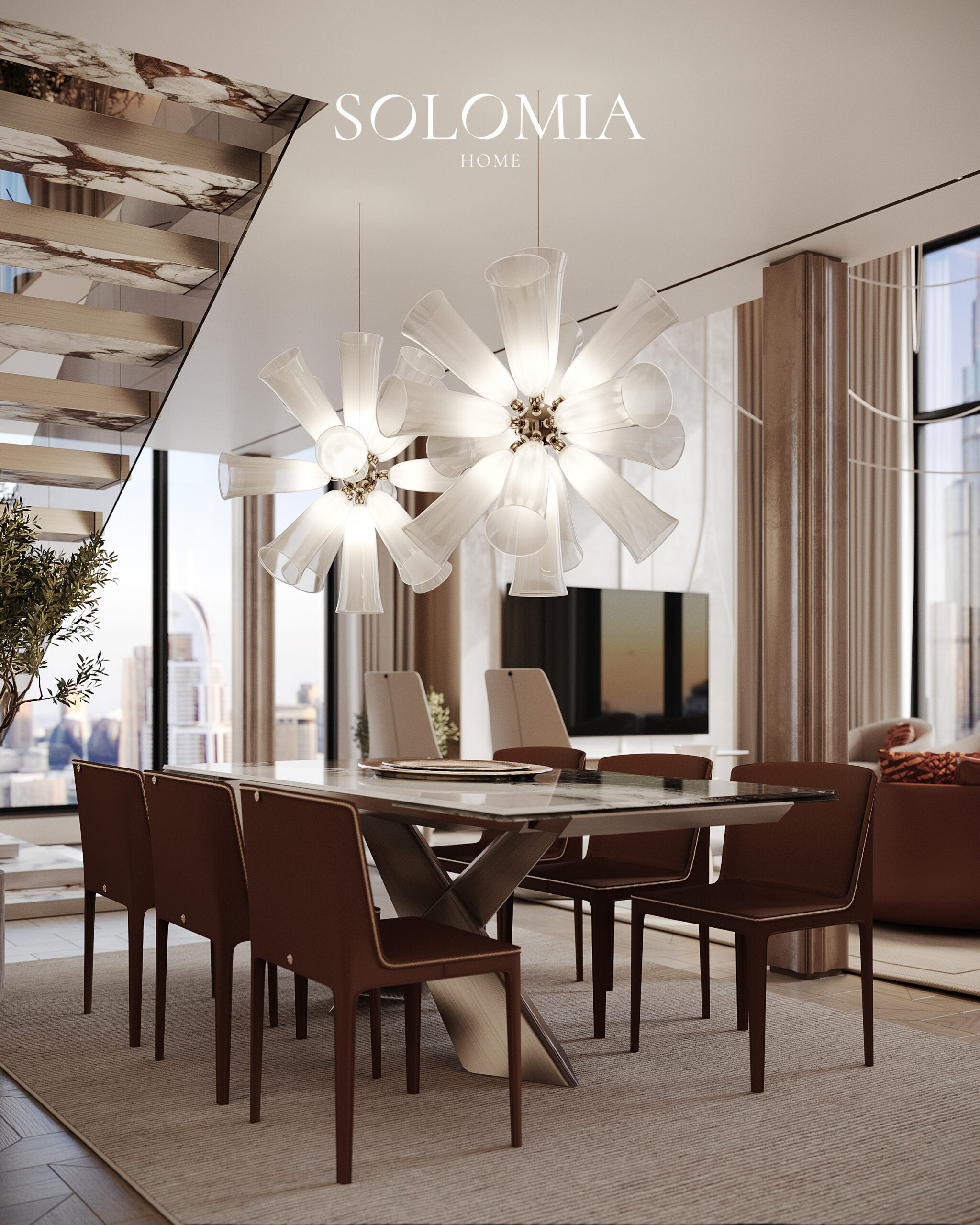 Dining table with skyline view, One Za’abeel Dubai — luxury interior design Dubai
