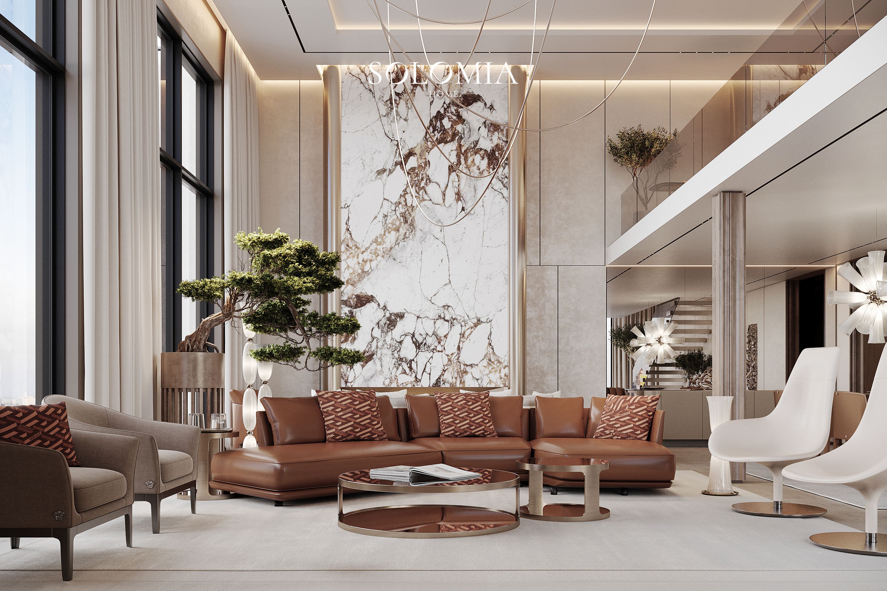 Living room with tan sofa and marble wall, One Za’abeel Dubai — luxury interior design Dubai
