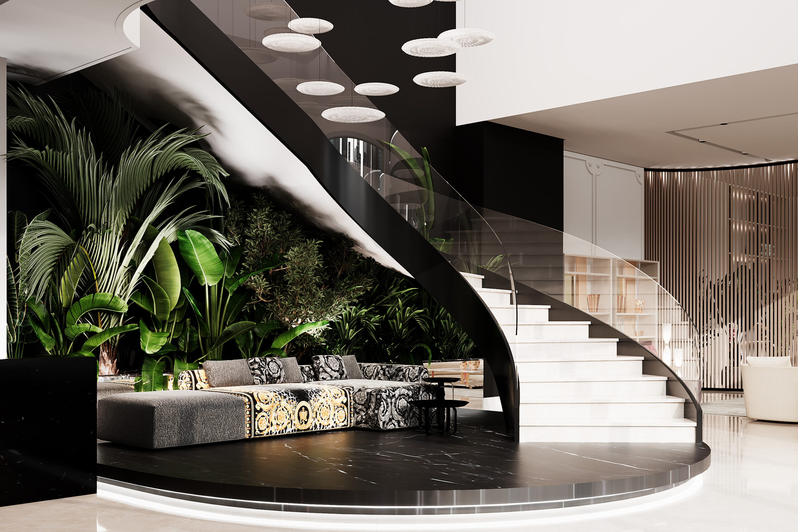 Curved staircase with tropical planting, glam villa — modern villa design Dubai