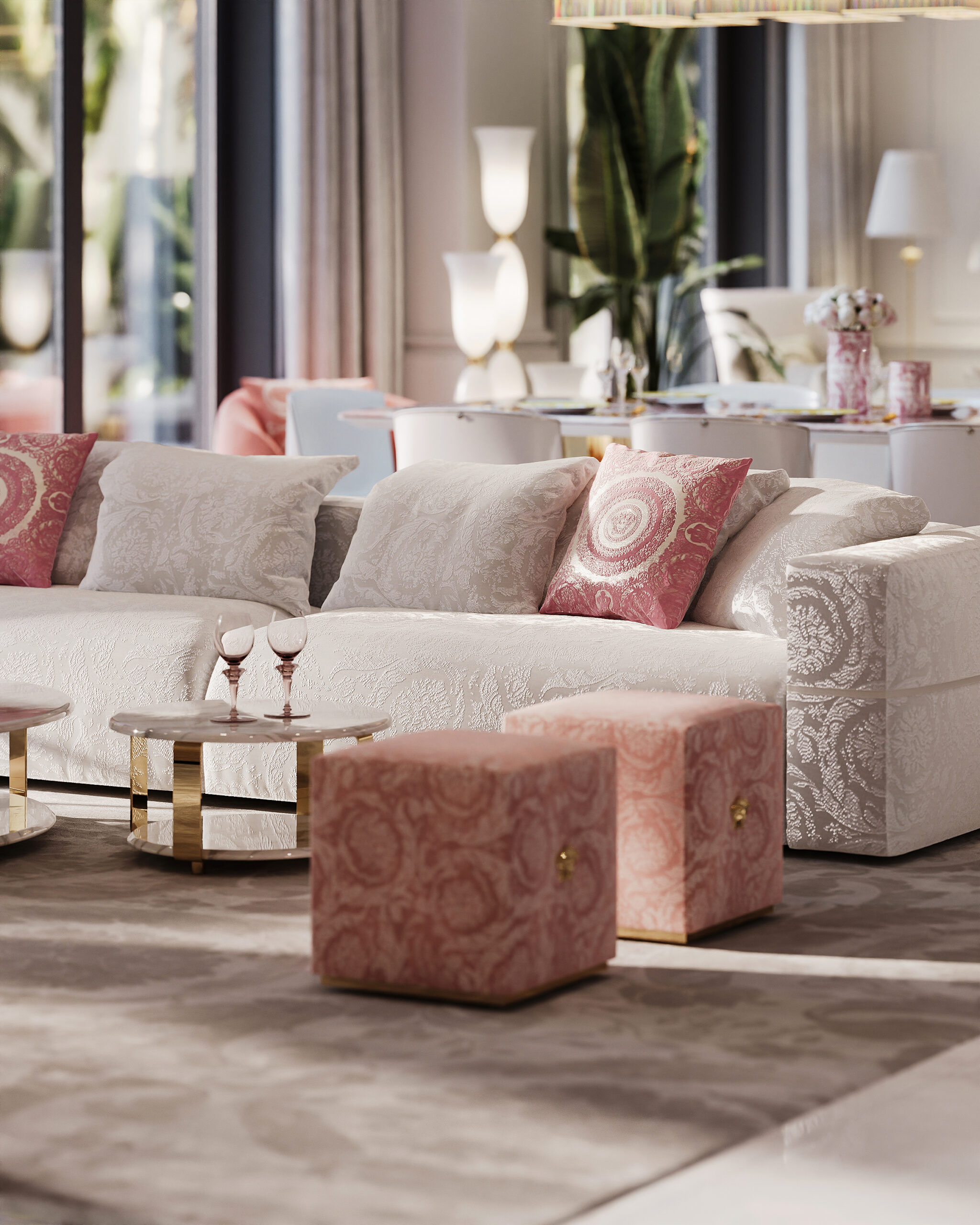Versace Home sofa with pink cushions, glam villa — modern villa design Dubai