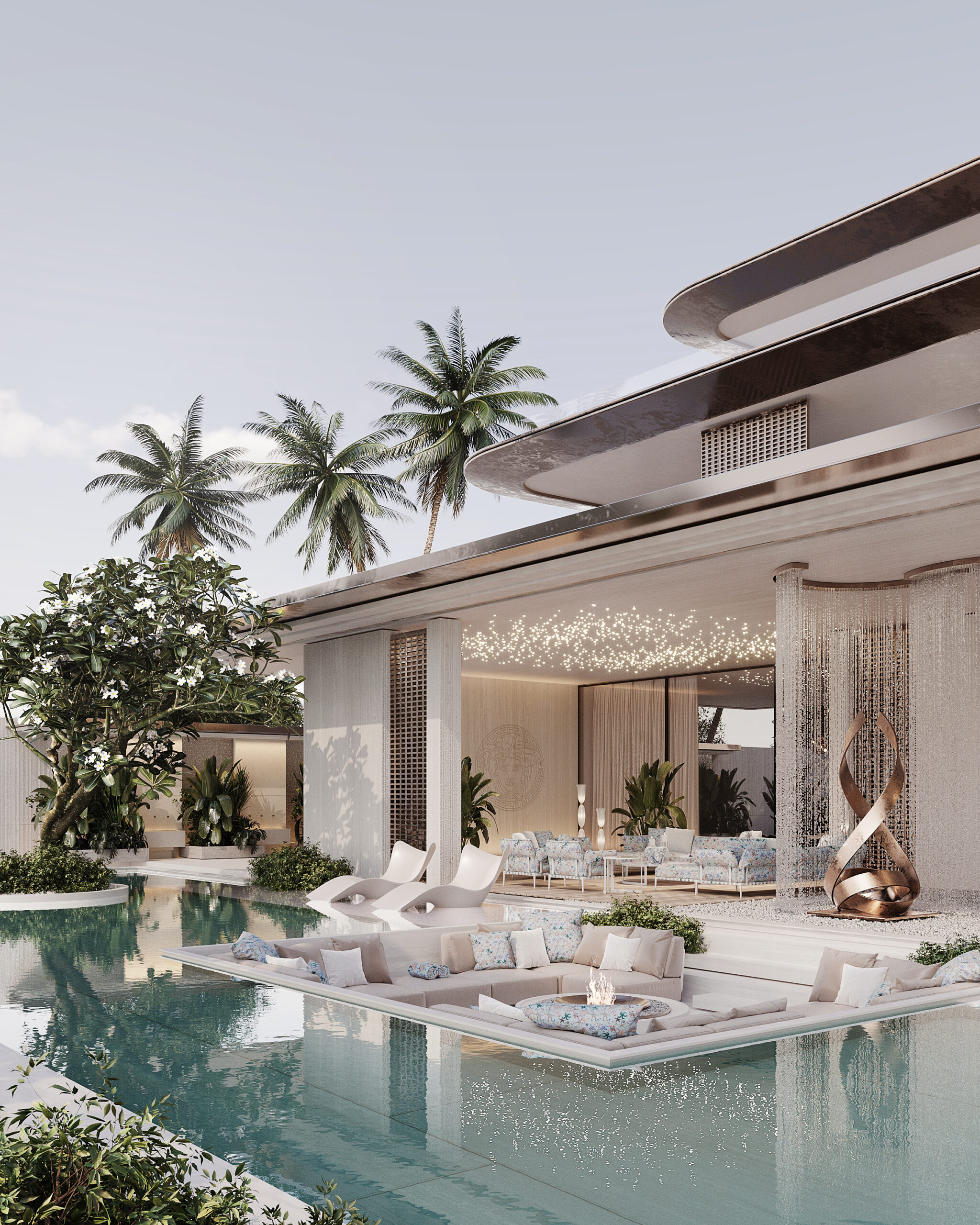 Modern luxury villa pool terrace at dusk — modern villa design Dubai