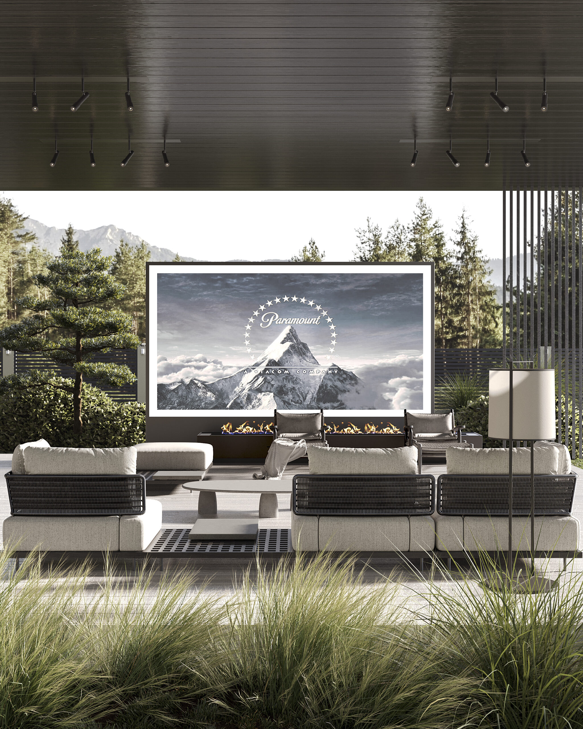 Outdoor cinema lounge — modern villa design Dubai