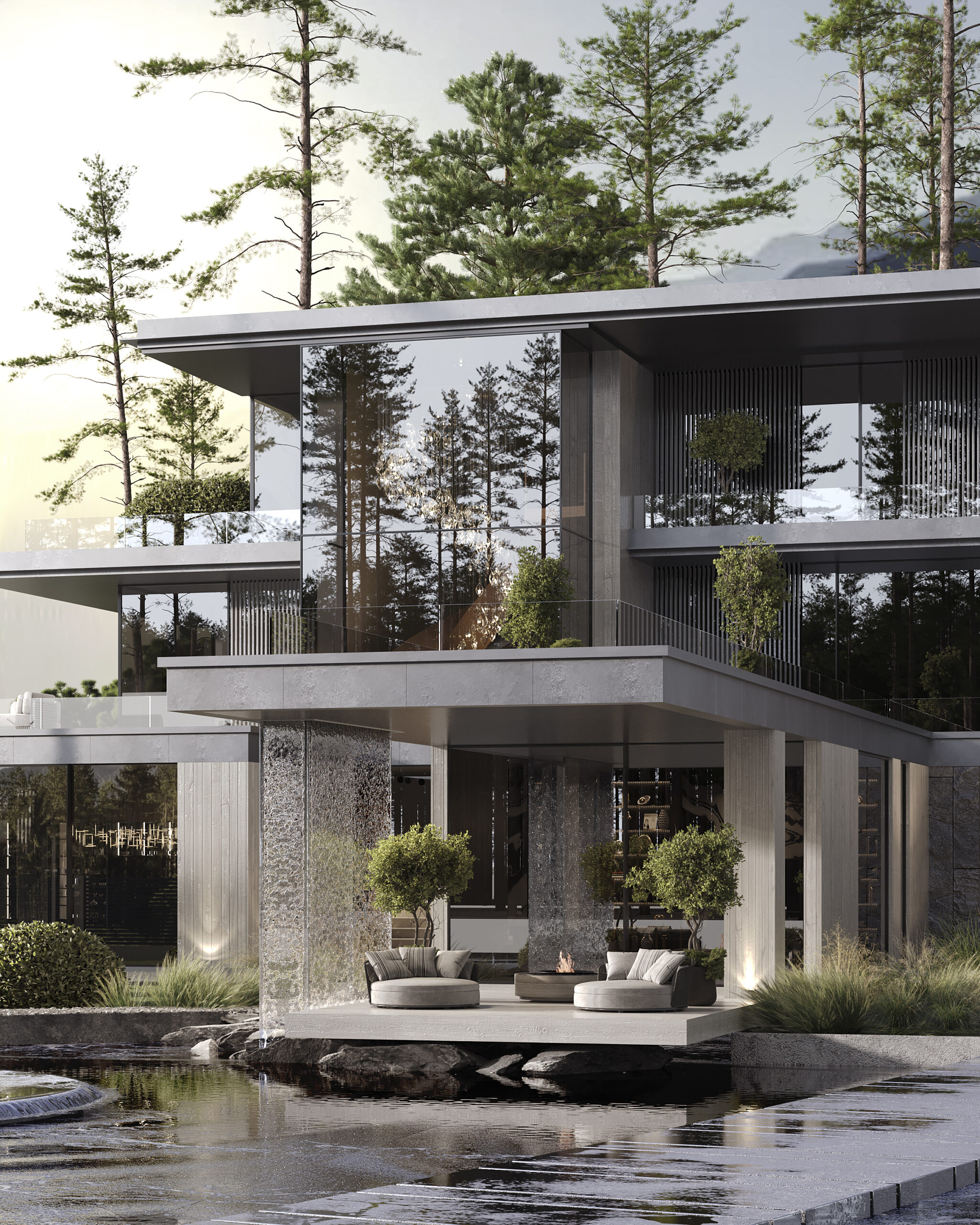 Villa architecture among pine trees — villa architecture design Dubai