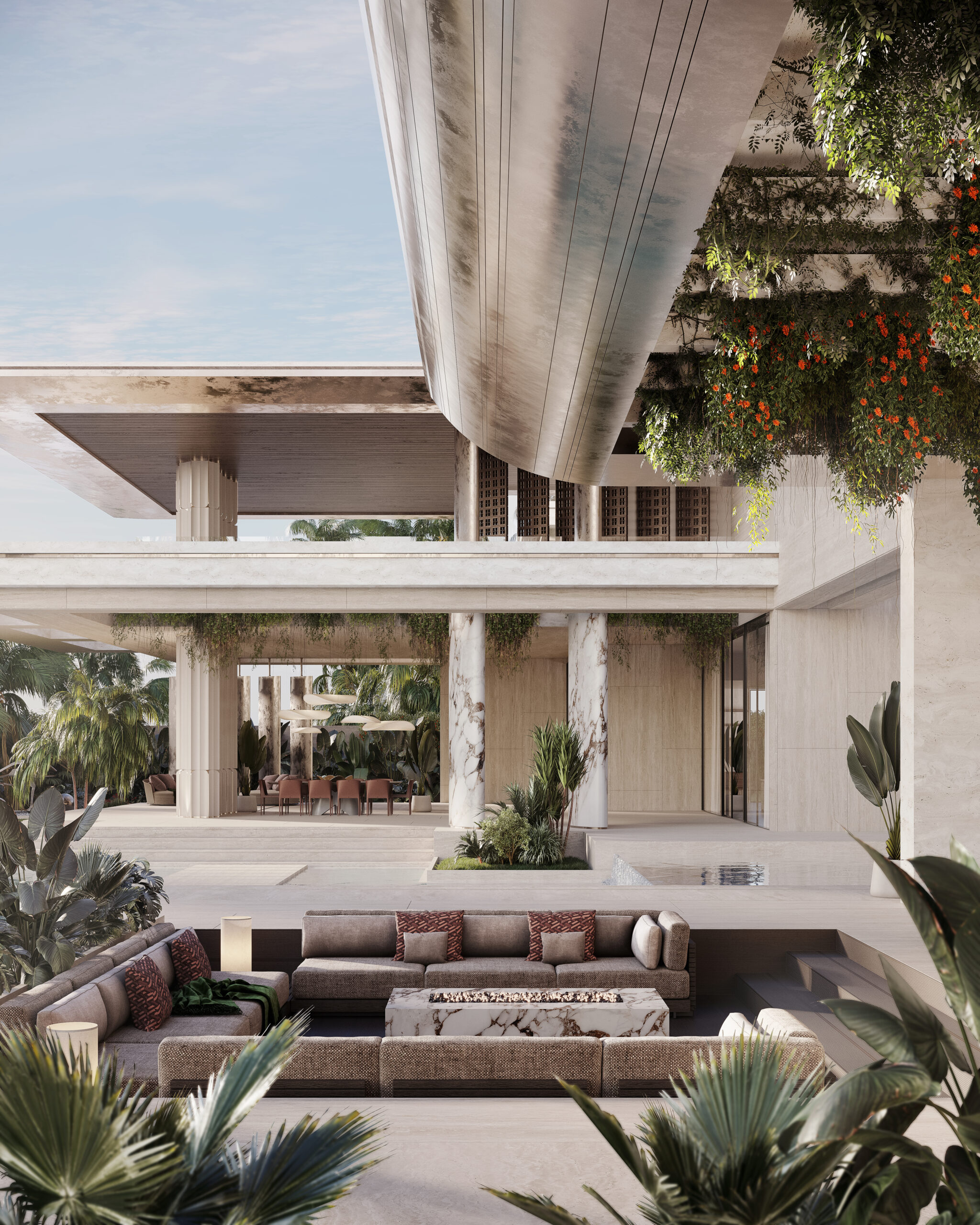 Pool terrace with cantilevered roof — villa exterior design Dubai