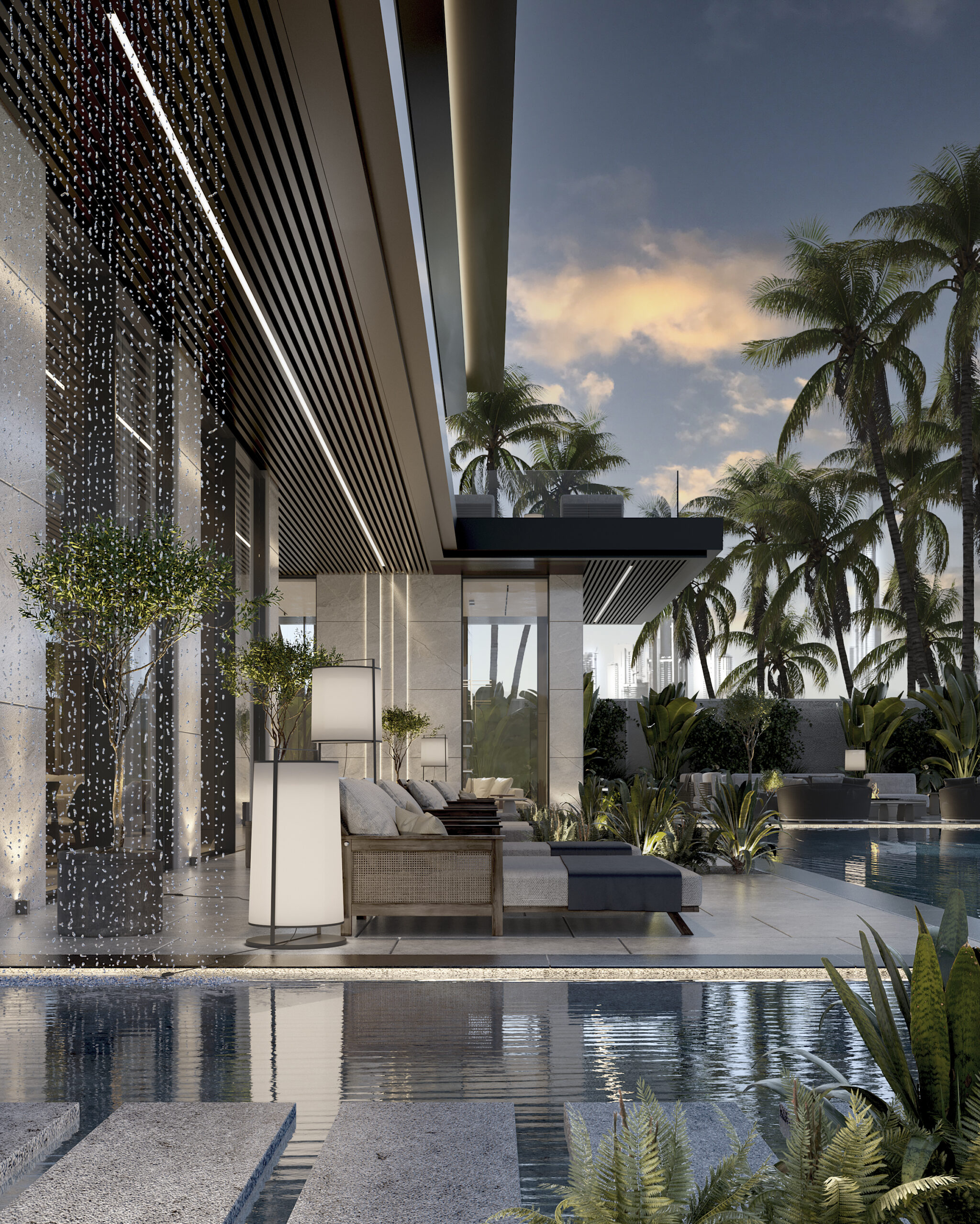 Villa pool terrace at dusk — villa architecture design Dubai