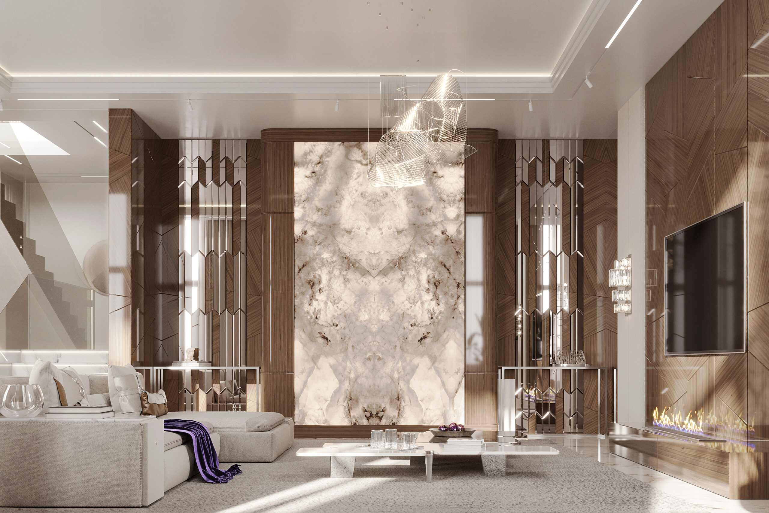 Living room with marble wall panel and fireplace — interior fit-out Dubai