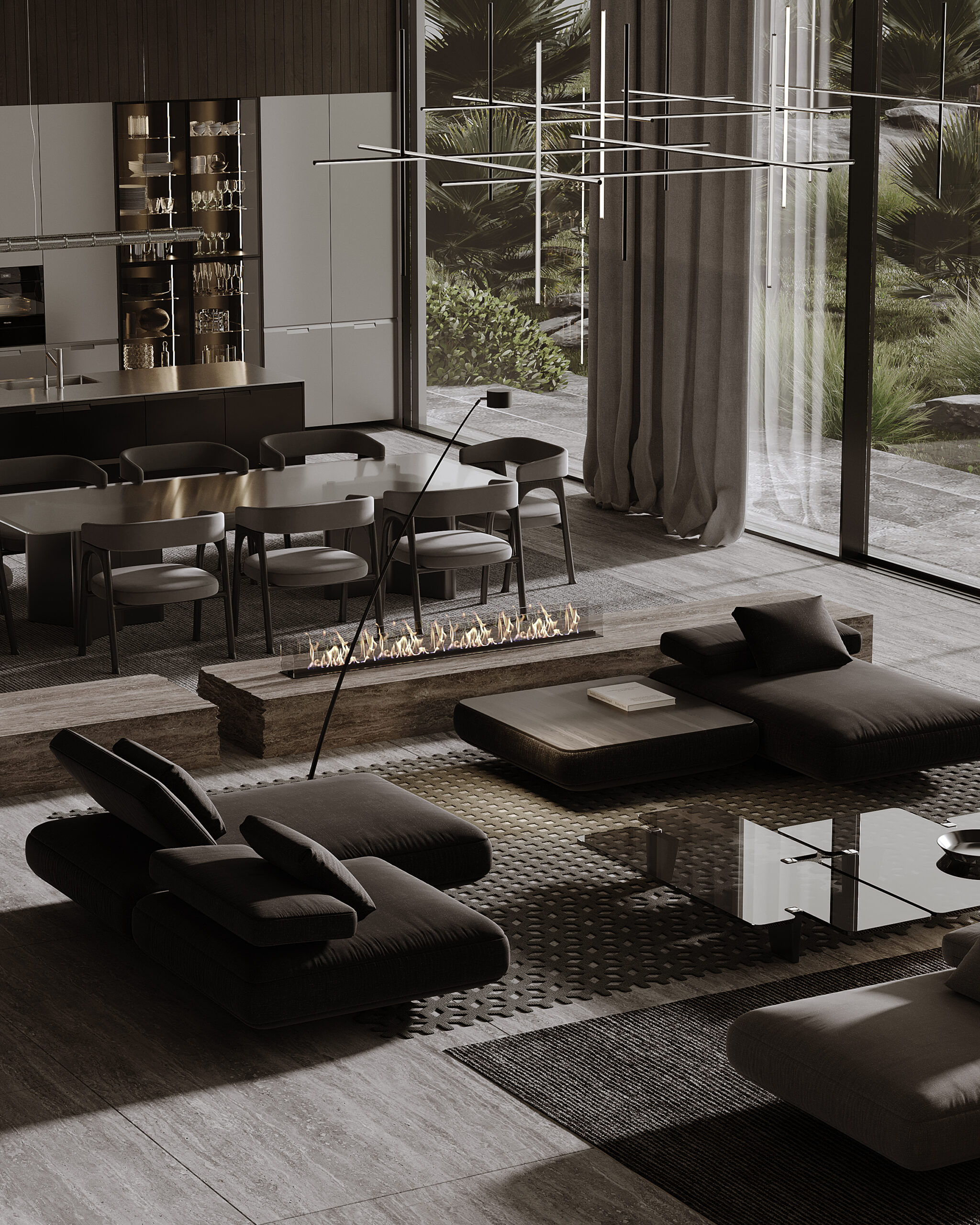 Sunken lounge with dark sofas and fireplace — interior fit-out Dubai