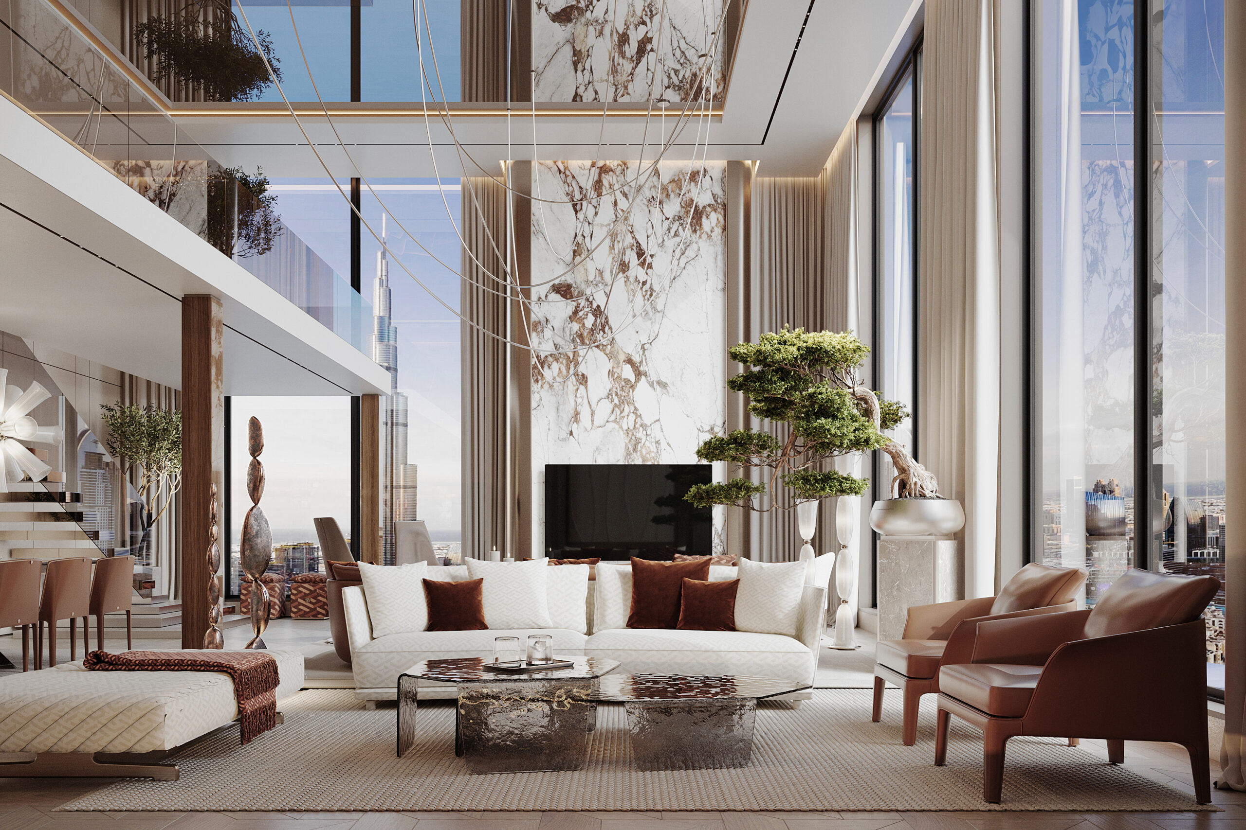 Double-height living room with palm view — interior fit-out Dubai