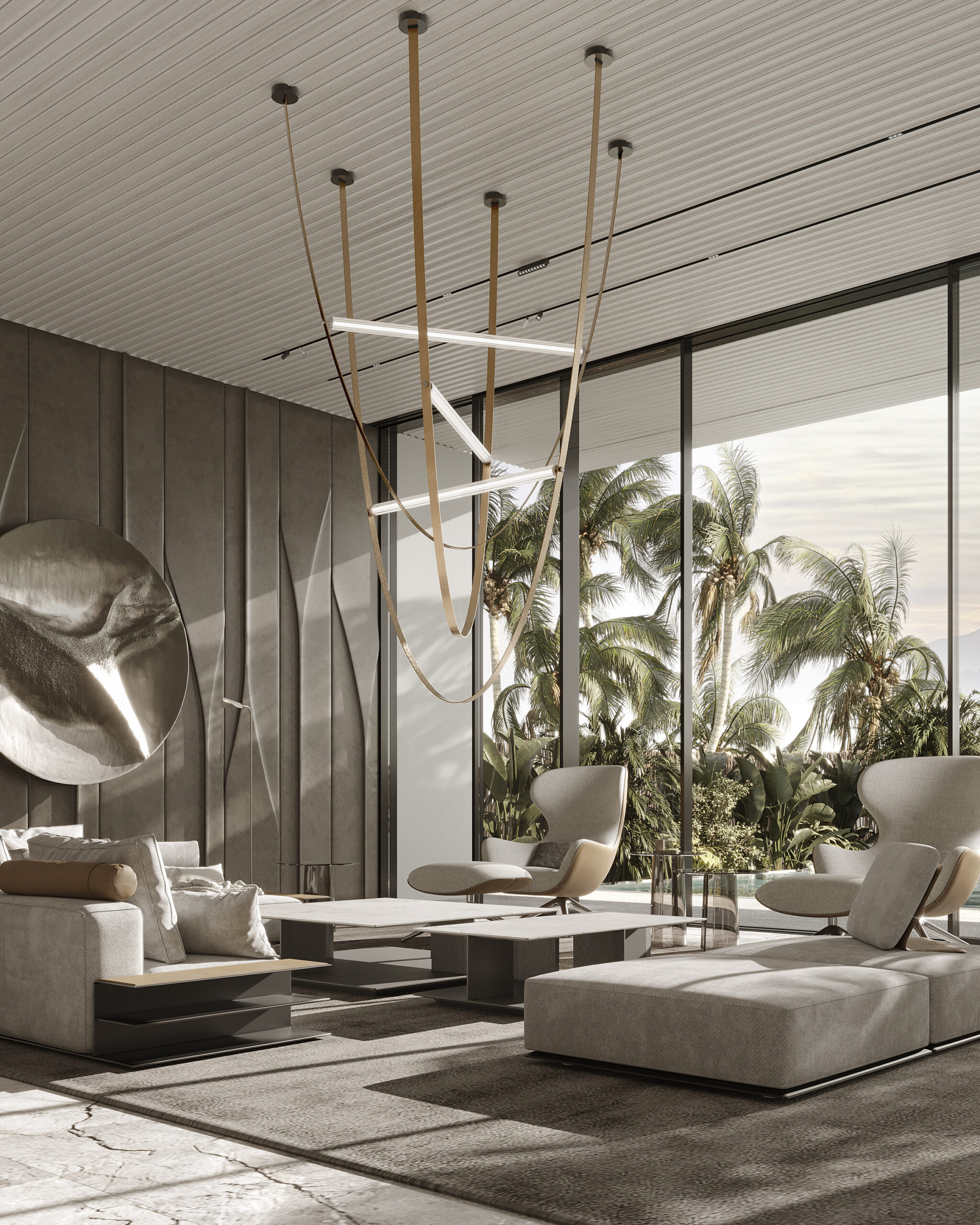 Living room with palm view and pendant lights — villa architecture design Dubai