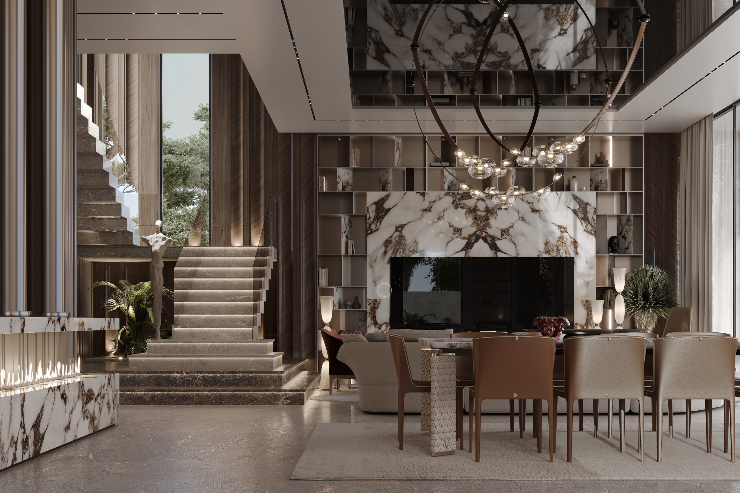 Dining area with marble fireplace wall and staircase — villa architecture design Dubai