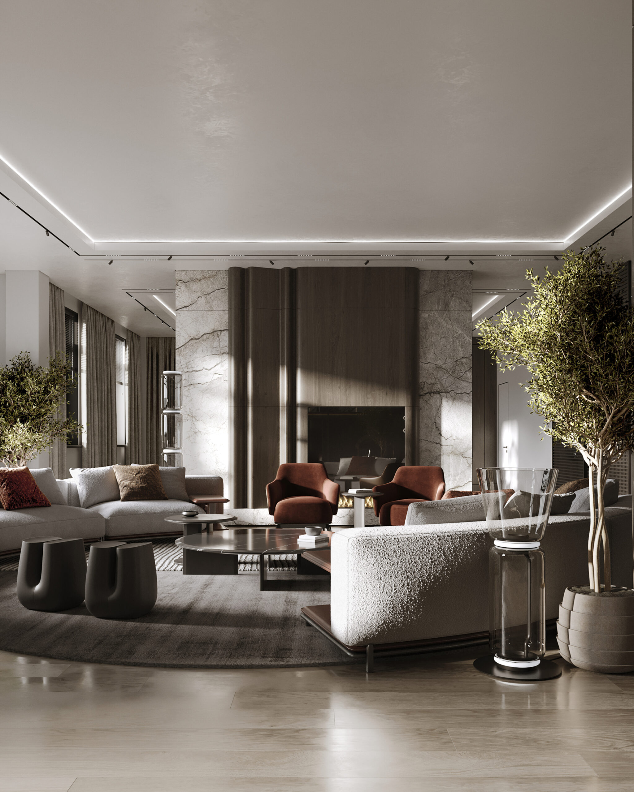 Living room with rust armchairs — villa architecture design Dubai